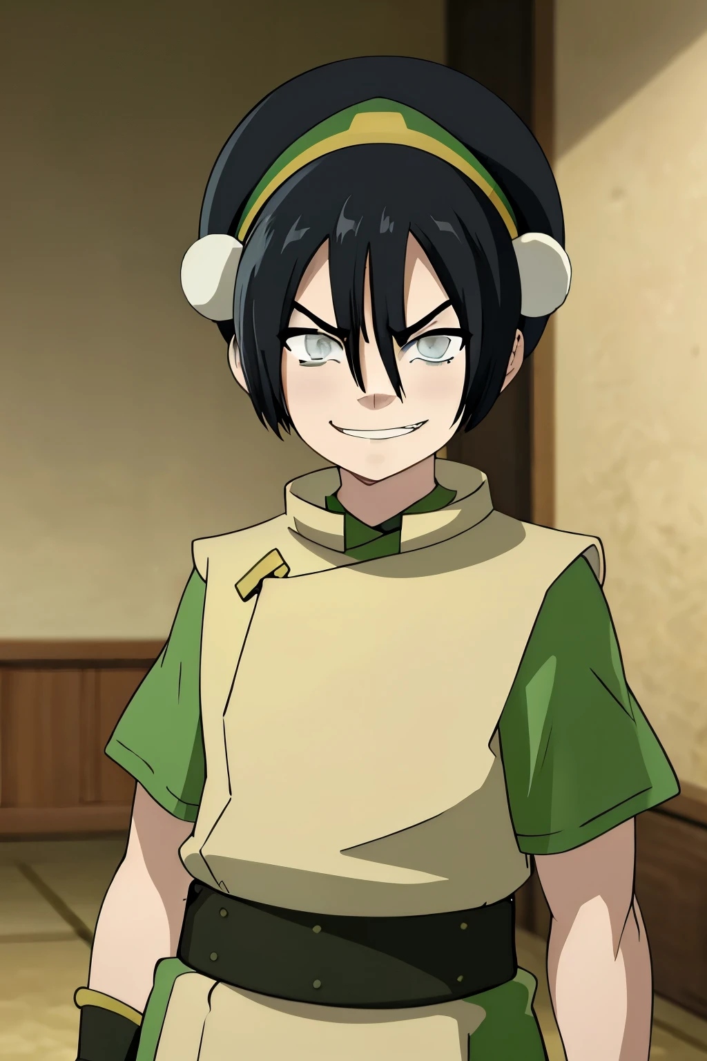 masterpiece, best quality,
1girl, toph, bangs, black hair, blind, grey eyes, hair between eyes, hair bun, hairband, short hair, short sleeves, tunic, chinese clothes,
angry, clenched hands, upper body, solo, looking at viewer, arms folded. Confident and smug expression, smirking and smiling