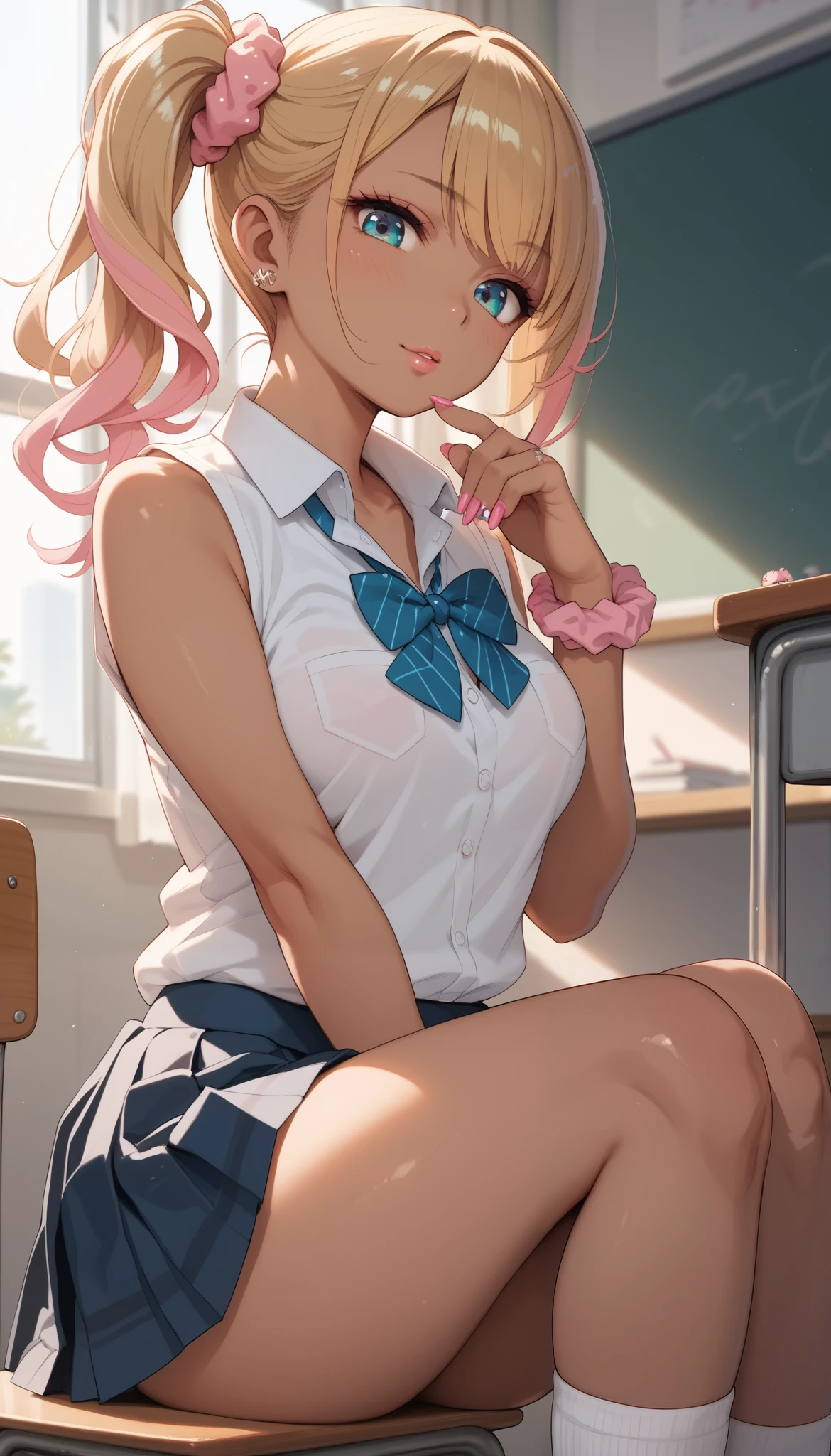 adorable girl,scrunchie , side ponytail , school uniform,(sexy:0.4), (:0.5), (suggestive:0.9), (sadistic:0.5), sleeveless, , (dark skin, looking down on viewer:0.8), , thighs, knees, , kuro gyaru