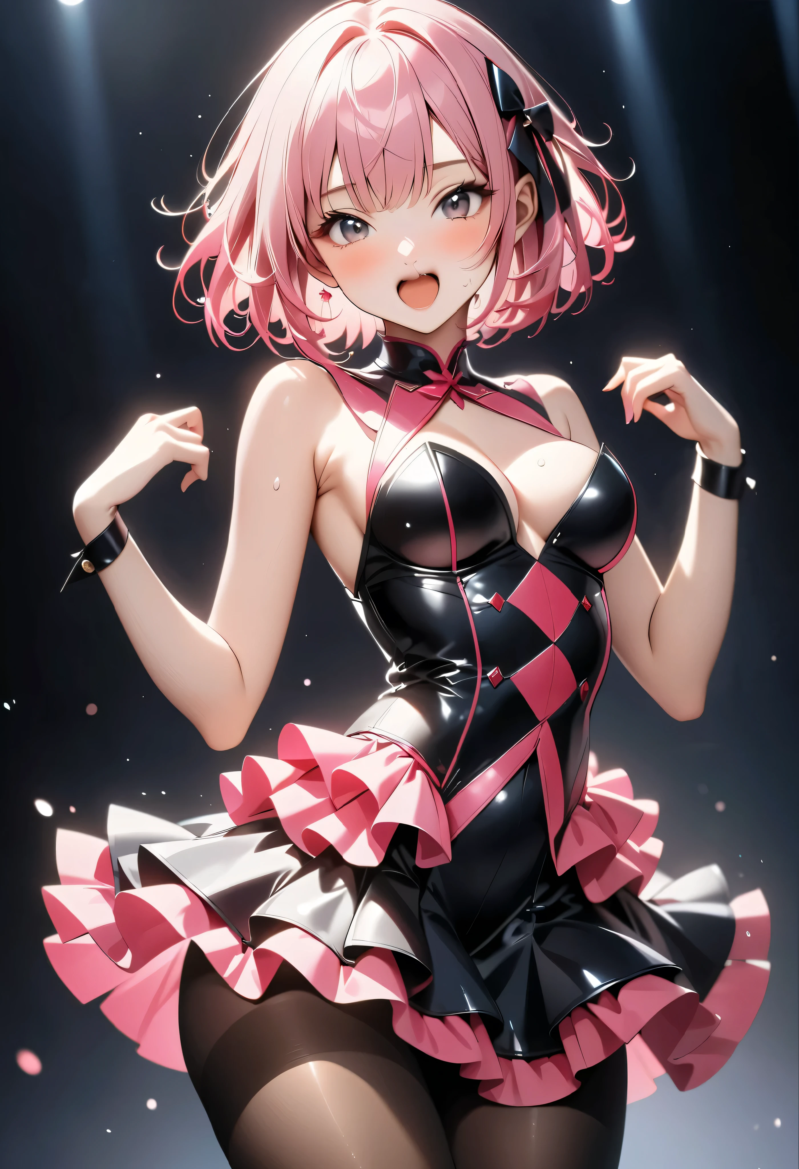 (((formal cropped jacket))), ((bustier)), ((skirt)), ((pantyhose)), ((shiny outfit)), skindentation, skinny, alone, solo, 1 woman, Masterpiece, highest quality, highest quality, 16K, incredibly absurd, highly detailed, 2.5D, ai-generated, delicate and dynamic, very delicate facial expressions, delicate eye depiction, erotic, only sexy woman, ((A cute and kind face)), healthy figure, ((25-year-old woman)), 160cm tall, ((medium firm swaying bust)), medium breasts, (short hair), (pink hair:1.5), bob cut, black eye, blush, Sweat,Embarrassed,sexy, ((thin thighs)), (camel toe:0.7), (visible nipples:0.5), (Erect nipples,:0.7), shiny and lustrous, facing straight at viewer, smile, ((Oily_skin)), dark skin, ((standing)), ((arm at side)),