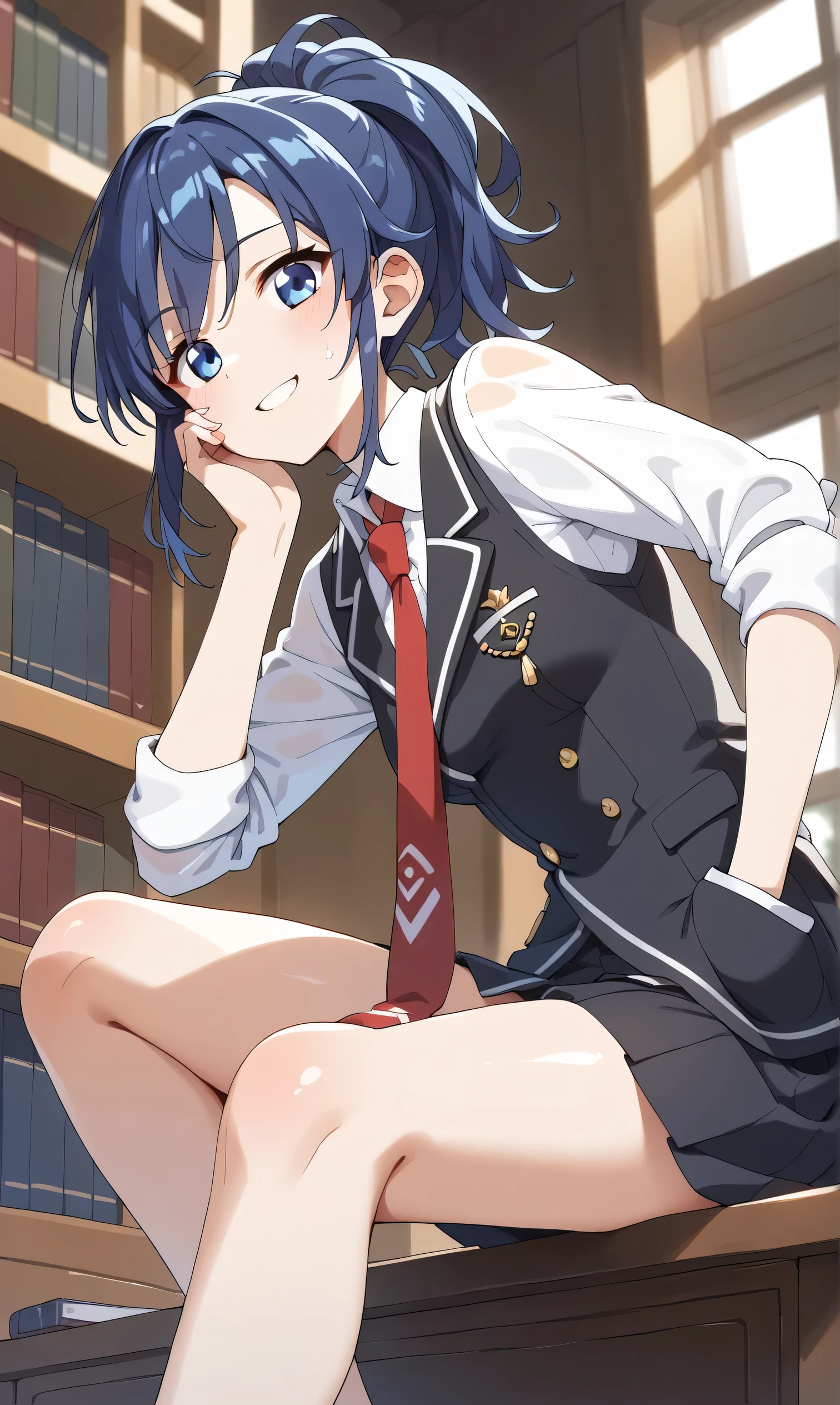 A masterpiece, top quality, absurd,
BREAK
1 female, RED eyes, solo, mediu_breasts,
{clear face, ultra smile, happy}
Library: 1.5, black slacks, black suit vest: 1.5,
Shiny blue hair, ponytail, blue eyes, Kiriya Aoi,
1.5, black slacks, black suit vest: 1.5, shiny blue hair, ponytail
white collared shirt, sleeves rolled up:1.5,
BREAK,
Red tie,
{Walking|Sitting|Standing|Squatting|Hands in pockets|Reclining|Bending over|Having hands on one's chin|Facial riding|Holding one's chest|Crossing one's arms|Hands on one's waist|Crossing one's fingers holding his hand on his cheek|tipping his head back|adjusting his necktie|pushing himself away from you},
{looking at the viewer|distancing away|turning around}
{upper body|cowboy shot|feet out of frame|far from viewer|very close to viewer|wide shot}, {dynamic angle|dramatic angle|low angle|cinematic shot|right beside|intense angle|side angle|over the side|top|down|upper body, cowboy Shots,