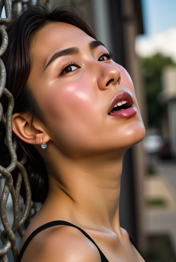  A gorgeous woman is seen leaning against a chain-link fence ,  soaks in warm water made of sheer , Golden Light.  彼女の表情teeth強烈で集中力があります ,   sharp shadows are cast all over her face from the fence  ,  teeth、It highlights her features .  wearing tank top .  背景にteethぼやけた産業構造 ,   creates an urban and gritty atmosphere  . 全体のトーンteethムーディーで , 、 contrasting light and shadows  ,  evokes simplicity and contemplation in a harsh environment . 全体的な雰囲気teeth、 like a movie with a dreamy vibe , 35mm Film, ((  close eyes、 Mouth wide open ,Frowning, pain, scream, frown,)) retina, More Details  ,  high detail ,  High Definition  ,  Angelina Jolie  ,((  Sexy Women )) Beautiful skin , (( head back break screaming orgasm )) Nogizaka46 girl  ,  burning from under her face composition  ,(  surreal details 、  growing skin to interact with the audience)((  Super Realistic Photos  ))( realistic skin) A woman who makes a strange voice like a wild beast with an ultra-hard orgasm, Woman with snot flowing out of her nostrils,(Tall, sharp nose)