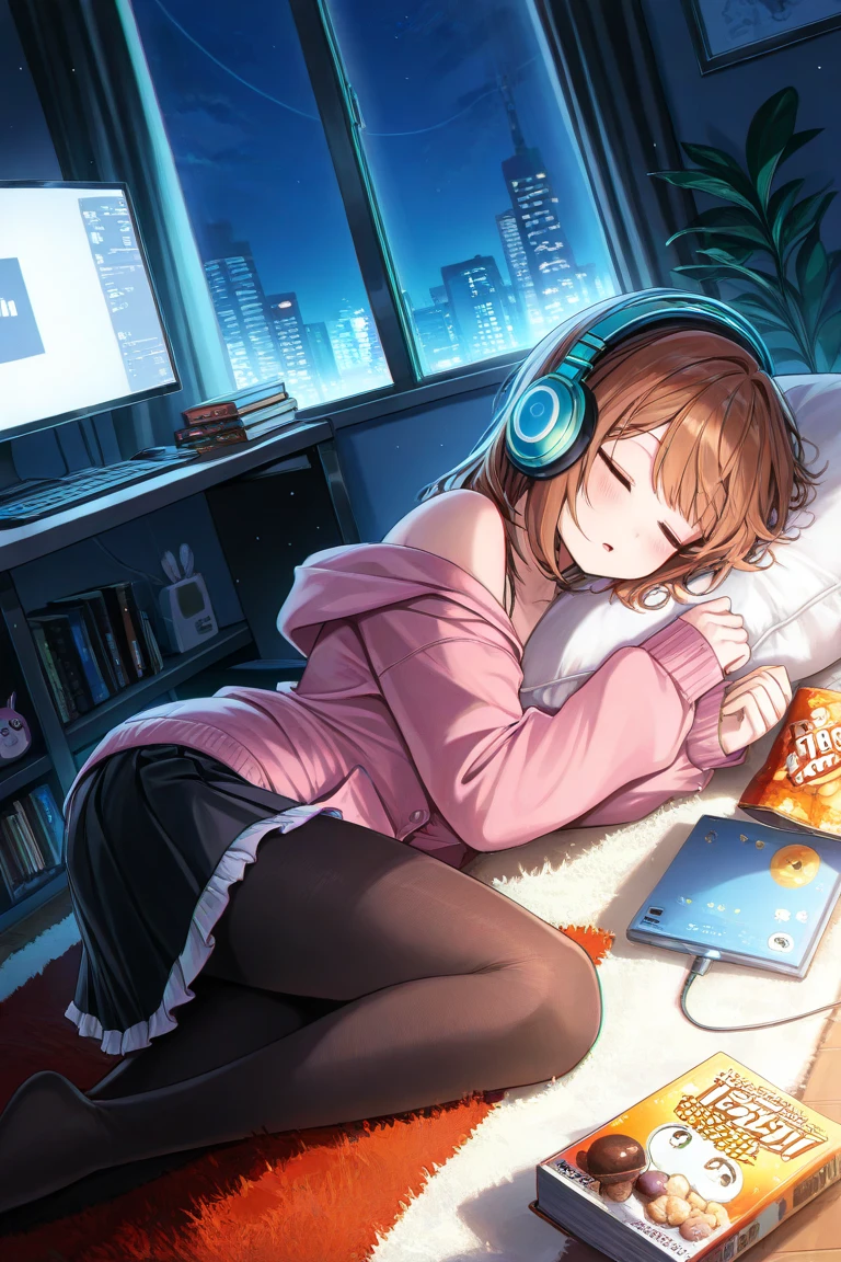 lo fi    Cute ,charming  girl sleeping wearing headphones lying on the bed. the lights are yellowish giving the feeling of rest, the room has a computer with the screen on, it is night and there is a large glass window showing a lit avenue, the room has a rug, books and some snacks.