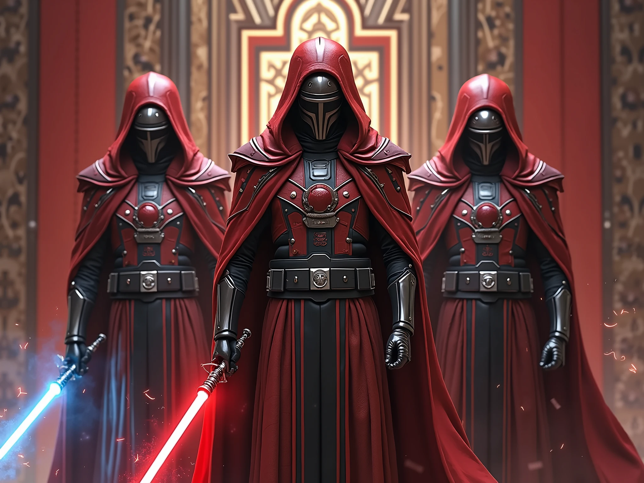 Imagine, Create a vivid depiction of three Imperial Praetorian Guards from the Star Wars universe, standing proudly within the grandeur of Emperor Palpatine's throne room on the Galactic Empire's capital planet, Byss. Focus on intricate details:
1. *Armor*: Intricately designed red and black Imperial Royal Guard armor, with precise craftsmanship and Imperial insignia.
2. *Facial Expressions*: Stern, loyal, and alert, reflecting unwavering dedication to the Emperor.
3. *Background*: Opulent, high-ceilinged throne room architecture with subtle lighting highlighting the guards, Imperial banners, and Palpatine's imposing throne.
# Weapon Details
1. *Guard 1*: Laser sword (similar to a lightsaber) with:
- Slim, Imperial-style hilt
- Vibrant, pulsing blue blade
- Energy emanating from the sword
1. *Guard 2*: Laser spear with:
- Elongated, high-tech shaft
- Glowing red spearhead
- Reflective Imperial surface detailing
1. *Guard 3*: Laser whip with:
- Flexible, glowing blue tendrils
- Crackling electricity
- Ergonomic, Imperial-designed handle
# Additional Details
1. *Lighting*: Soft, ambient glow emphasizing armor, weapons, and Imperial architecture.
2. *Composition*: Symmetrical, emphasizing unity and strength.
3. *Mood*: Powerful, regal, imposing, and ominous.
4. *Color Scheme*: Primarily red, black, and silver, reflecting Imperial aesthetics.