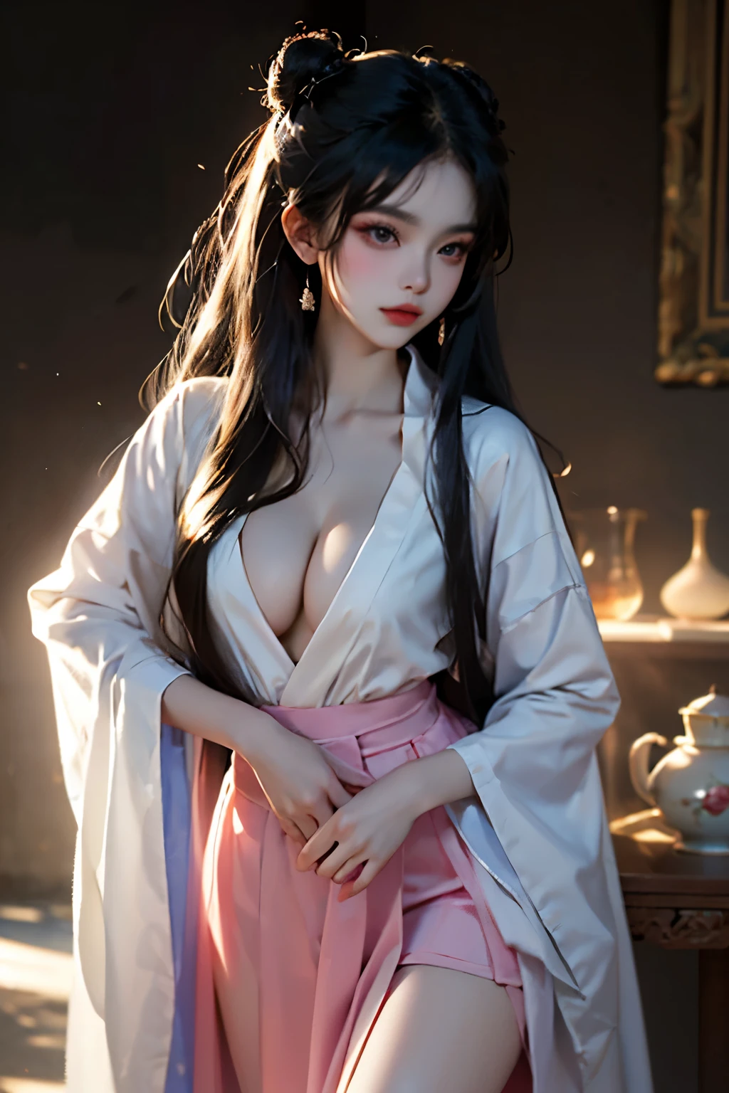 jiangyanli
hanfu, chinese clothes, long sleeves, wide sleeves, shawl,
long hair,double hair bun, hair ornament,bangs, ,((Portrait-oriented, focusing on the subject's body above the calves)), (from below:1.2), (Full chest, deep V-neck, visible cleavage), (I-type Valley), (Very short hemline, revealing smooth thighs), Realistic beautiful woman, sexy long-legged model, standing gracefully with elegance. The model's pose features a slight knee bend on one leg, while one hand elegantly lifts the hem of her skirt up to her thigh. soft natural makeup, and her hair flows beautifully in the gentle breeze. Photorealistic lighting and shadows, high detail, 4K resolution.