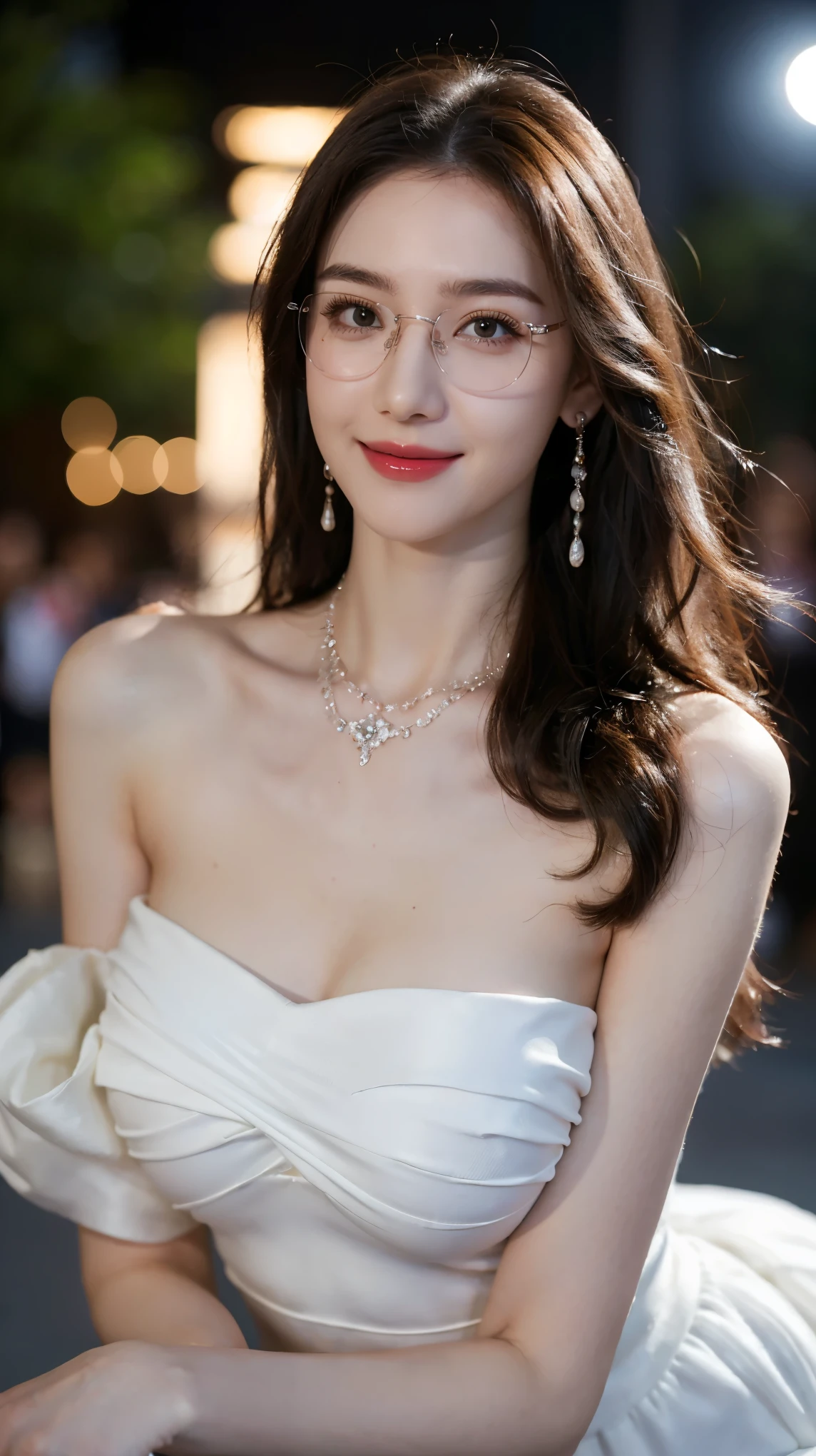 (Canon RF85mm f /1.2), (8K, original photo, Best Quality), ( masterpiece), (actual, photograph actual), ( Very Detailed, high detail, Best image quality , super detailed , high resolution , Very Detailed, Very Detailed的描述, Ultrafine, Extremely exquisite and beautiful piece), beautiful and delicate girl , Solo Girl , (( perfect figure )), Very Detailed eyes and face, White Skin, Noble and beautiful, (( delicate skin texture , Pores)), Perfect Anatomy , beautiful body, delicate face, Slim Abs , Slim waist), Big Ass, ( Big Breasts , Breast enlargement ), (Rift), (An affectionate gaze at , Soulful eyes, glowing eyes ), ( Beautiful clear eyes ), (Bounce Curly Messy Long Hair), ( Smile:1.2), (Fascinated expression), ( charming appearance ), ((Cardigan,Strapless Wedding Dress)), ((Tight)), ((Bud)), ((Wearing glasses)), earrings, necklace, ((night)), ((Street View, moonlight)), physically-based rendering , Real light , ((( upper body))), (( watching the audience )), ((eternal)), ((Happy and shy))