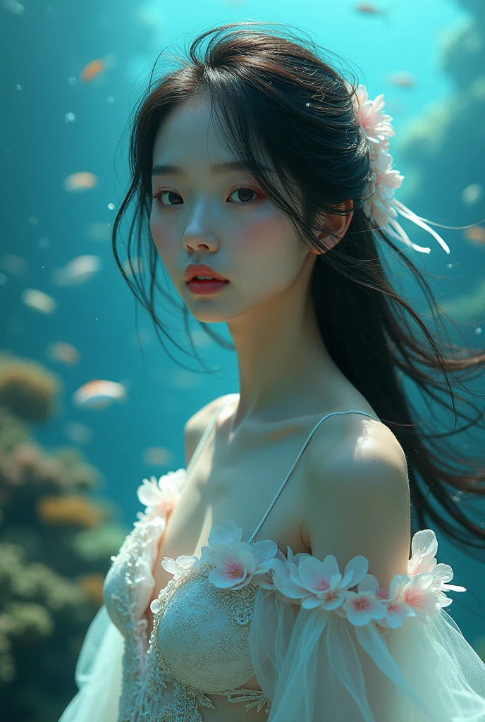 mermaid with blue hair and flowers floating in the water, beautiful mermaid, beautiful digital illustration, a beautiful artwork illustration, beautiful digital artwork, beautiful gorgeous digital art, beautiful digital art, asian female water elemental, gorgeous digital art, very beautiful digital art, closeup fantasy with water magic, beautiful fantasy art, beautiful digital painting, exquisite digital illustration, gorgeous digital painting