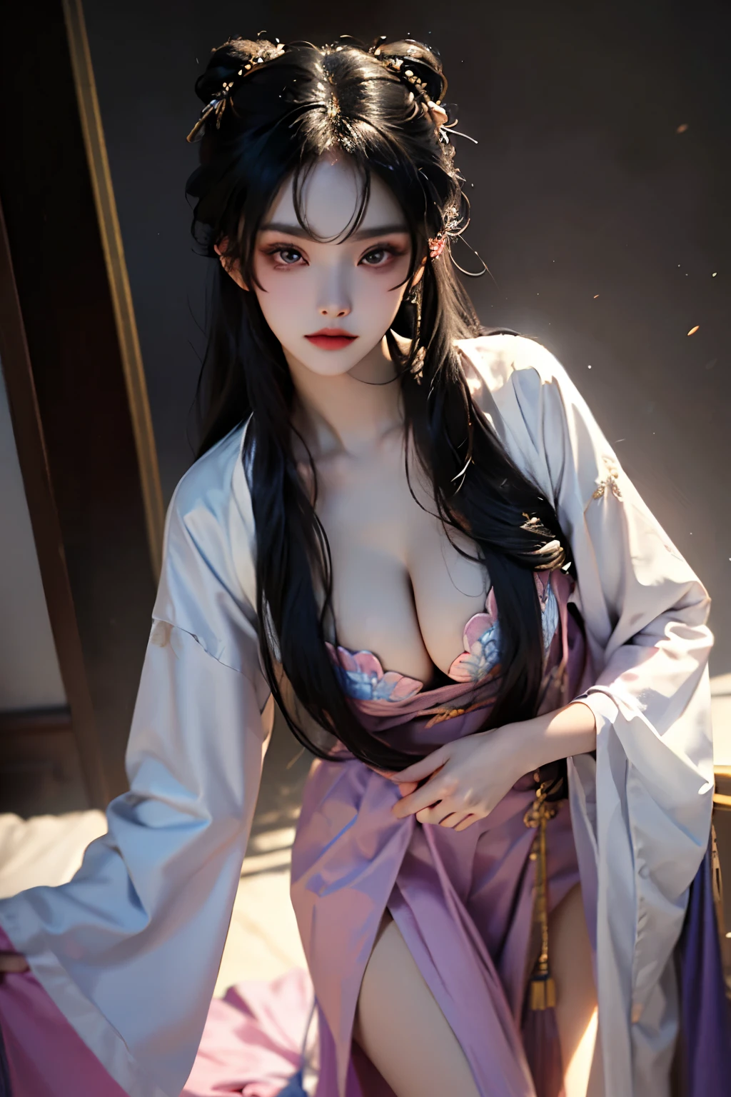 jiangyanli
hanfu, chinese clothes, long sleeves, wide sleeves, shawl,
long hair,double hair bun, hair ornament,bangs,  ,((Portrait-oriented, focusing on the subject's body above the calves)), (from below:1.2), (Full chest, deep V-neck, visible cleavage), (I-type Valley), (Very short hemline, revealing smooth thighs), Realistic beautiful woman, sexy long-legged model, standing gracefully with elegance.     The model's pose features a slight knee bend on one leg, while one hand elegantly lifts the hem of her skirt up to her thigh.   soft natural makeup, and her hair flows beautifully in the gentle breeze.  Photorealistic lighting and shadows, high detail, 4K resolution.