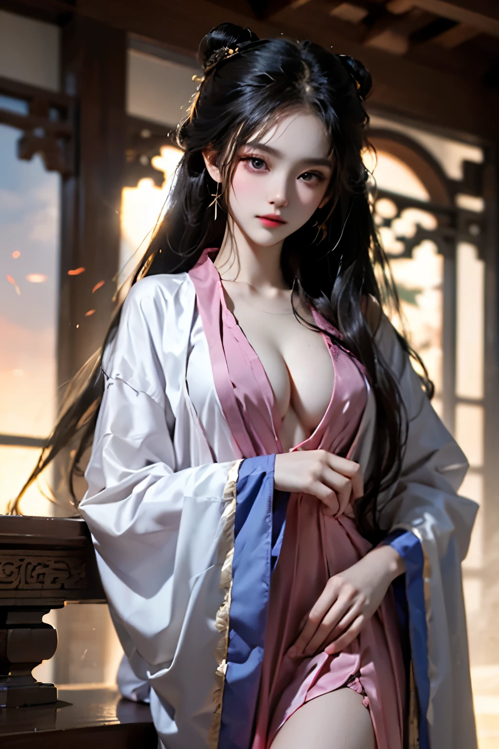jiangyanli
hanfu, chinese clothes, long sleeves, wide sleeves, shawl,
long hair,double hair bun, hair ornament,bangs, ,((Portrait-oriented, focusing on the subject's body above the calves)), (from below:1.2), (Full chest, deep V-neck, visible cleavage), (I-type Valley), (Very short hemline, revealing smooth thighs), Realistic beautiful woman, sexy long-legged model, standing gracefully with elegance. The model's pose features a slight knee bend on one leg, while one hand elegantly lifts the hem of her skirt up to her thigh. soft natural makeup, and her hair flows beautifully in the gentle breeze. Photorealistic lighting and shadows, high detail, 4K resolution.