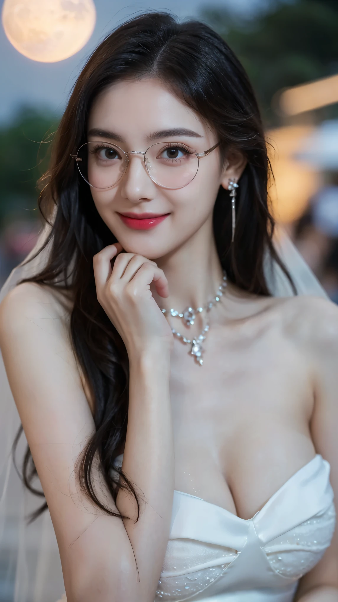 (Canon RF85mm f /1.2), (8K, original photo, Best Quality), ( masterpiece), (actual, photograph actual), ( Very Detailed, high detail, Best image quality , super detailed , high resolution , Very Detailed, Very Detailed的描述, Ultrafine, Extremely exquisite and beautiful piece), beautiful and delicate girl , Solo Girl , (( perfect figure )), Very Detailed eyes and face, White Skin, Noble and beautiful, (( delicate skin texture , Pores)), Perfect Anatomy , beautiful body, delicate face, Slim Abs , Slim waist), Big Ass, ( Big Breasts , Breast enlargement ), (Rift), (An affectionate gaze at , Soulful eyes, glowing eyes ), ( Beautiful clear eyes ), (Bounce Curly Messy Long Hair), ( Smile:1.2), (Fascinated expression), ( charming appearance ), ((Cardigan,Strapless Wedding Dress)), ((Tight)), ((Bud)), ((Wearing glasses)), earrings, necklace, ((night)), ((Street View, moonlight)), physically-based rendering , Real light , ((( upper body))), (( watching the audience )), ((eternal)), ((Happy and shy))