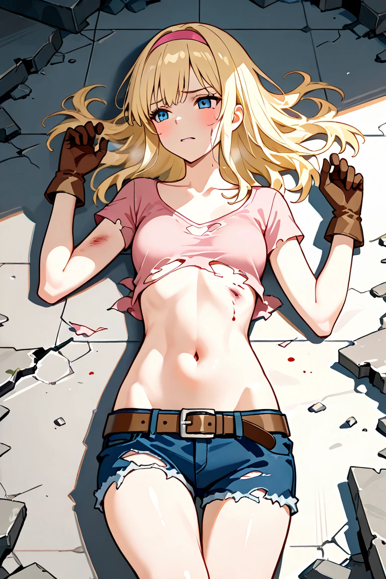 Masterpiece, best quality, ultra-detailed. Adult girl, solo, long, straight blonde hair, pink hairband, blue eyes, slim, toned body, medium chest, pink crop top, scoop neck, short sleeve, navel, blue shorts, brown belt, brown gloves. Knocked down, injured body, burns bruise, bleeding wound, torn and tattered clothes, almost completely naked. Ruins background, Natural lighting and soft feature 