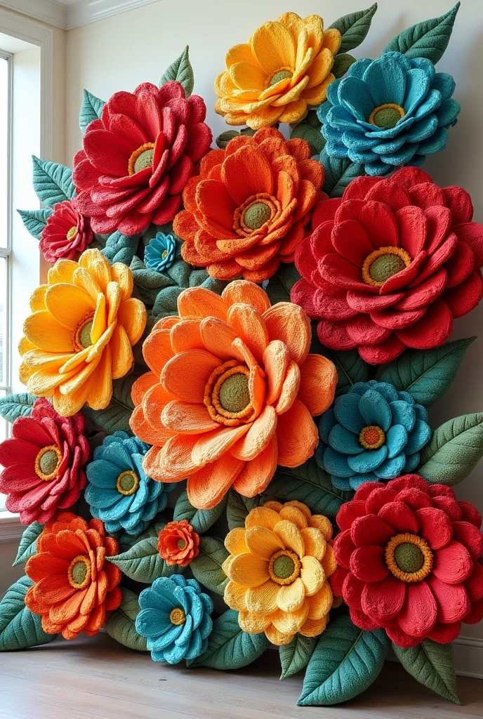 Large works of art containing large, vibrantly colored crocheted flowers