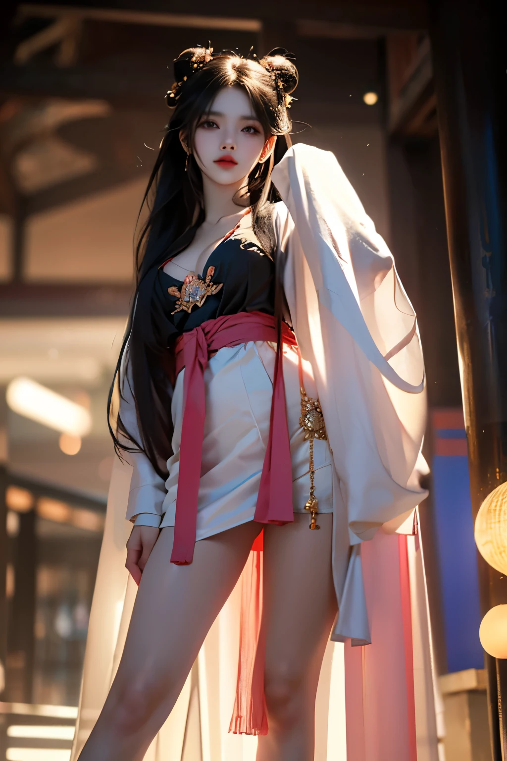 jiangyanli
hanfu, chinese clothes, long sleeves, wide sleeves, shawl,
long hair,double hair bun, hair ornament,bangs, ,((Portrait-oriented, focusing on the subject's body above the calves)), (from below:1.2), (Full chest, deep V-neck, visible cleavage), (I-type Valley), (Very short hemline, revealing smooth thighs), Realistic beautiful woman, sexy long-legged model, standing gracefully with elegance. The model's pose features a slight knee bend on one leg, while one hand elegantly lifts the hem of her skirt up to her thigh. soft natural makeup, and her hair flows beautifully in the gentle breeze. Photorealistic lighting and shadows, high detail, 4K resolution.