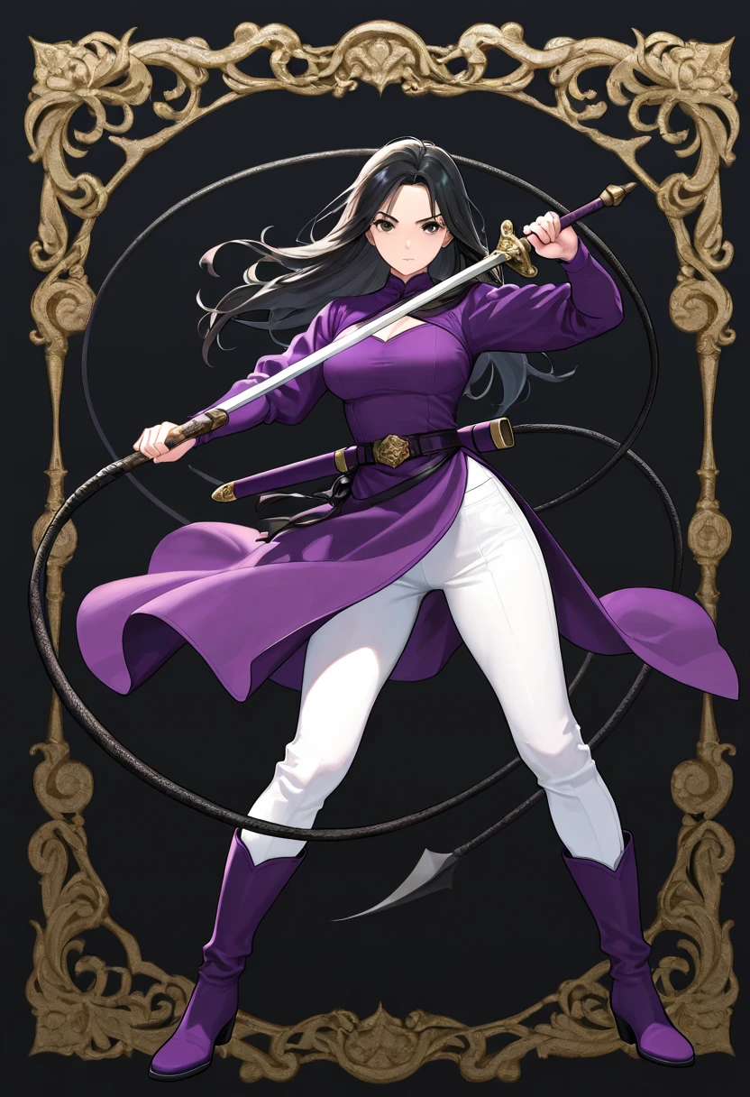 1girl, solo, long hair, breasts, looking at viewer, black hair, dress, holding, full body, weapon, boots, pants, sword, holding weapon, black background, sheath, white pants, purple footwear, snake-liked whip