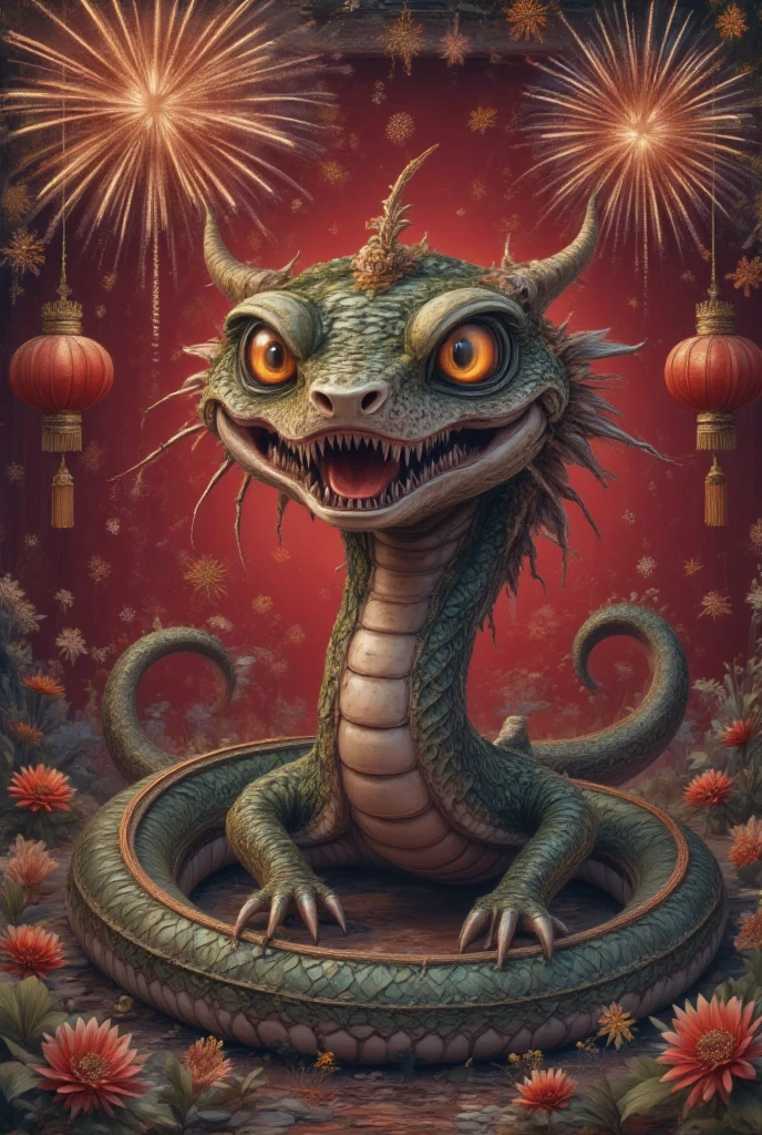 Very festive and cute snake，（（（eyes are very bright）））firework background，Contrast with red background。 The entire design is full of New Year’s festive atmosphere，Chinese new year decoration，（（Lanterns with auspicious meanings））A lot of flowers（（（masterpiece）））， （（best quality））， （（intricate details））（8k）