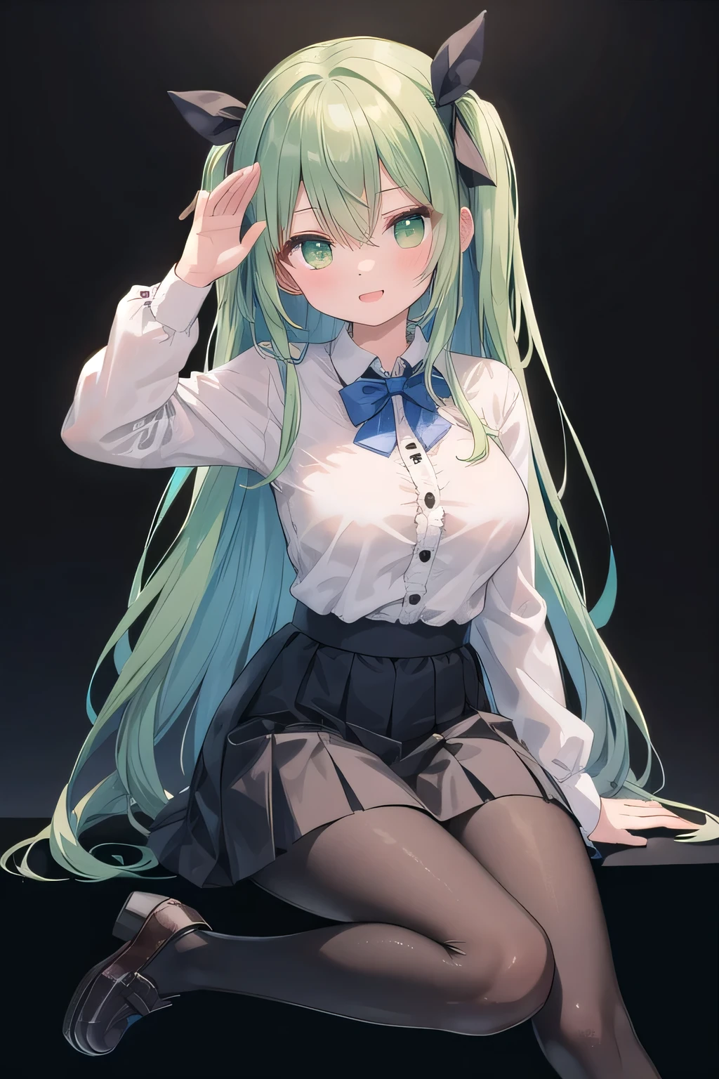 girl with１a person、The human、cute little、White long hair、Wear a hoodie、Put on a tie、Wearing a skirt、Light blue eyes、small tits、Deep sagging eyes、To the bottom of the feet、gradation hair(Light green)、espadrilles、
