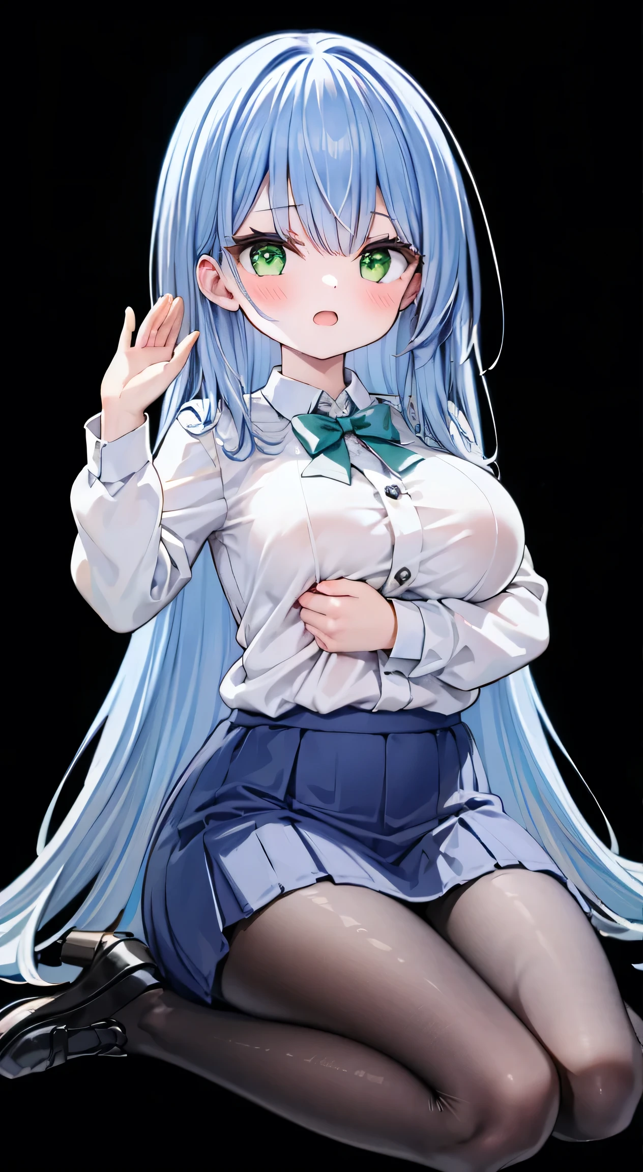  High Quality 、 cute、 1 Girl、Alone、 long hair、chest、 blushing cheeks 、 stare at viewers、smile、 is opening your mouth、bangs、 skirt 、Big Breasts、bedroom、Eyebrows visible through hair、 shirt、 Long Sleeve 、original、ribbon、膨らむchest、 Chest、 sitting 、 hair between your eyes、 green eyes、whole body、Smile、pantyhose、 pleated skirt  、 green hair、Frills、shoes、 black skirt 、 bow tie、Brasilia、black shoes、 dress shirt 、Ｖsign、 raise your hand、black ribbon、button、Cutting seat、 loafers、 black background、 high waist skirt 、Double V、green shirt 、  tuck in shirt 、bursting breasts、 button gap , incoming hug, score_9, score_8_  up , score_7_  up , embarrassing,shy,