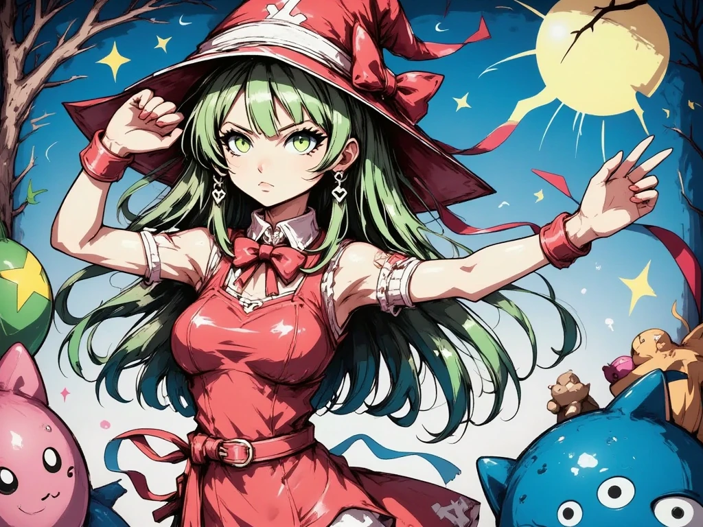 1  young woman , Flandre Scarlet, Touhou Project, ( young woman ), witch, hat, hat de witch, hat vermelho, Lonely, ( green hair ), dress  vermelho,  dark eyes, , white ornament ,  outdoor, short sleeve,  looking up, holding ,  puffy sleeves , dress, dress vermelho, dress longo,  looking at the spectator ,  puffy sleeves  curtas, fists, ties, ruffles, red bow, red bow,  medium length hair,  masterpiece ,  best quality , aesthetics,  High resolution 