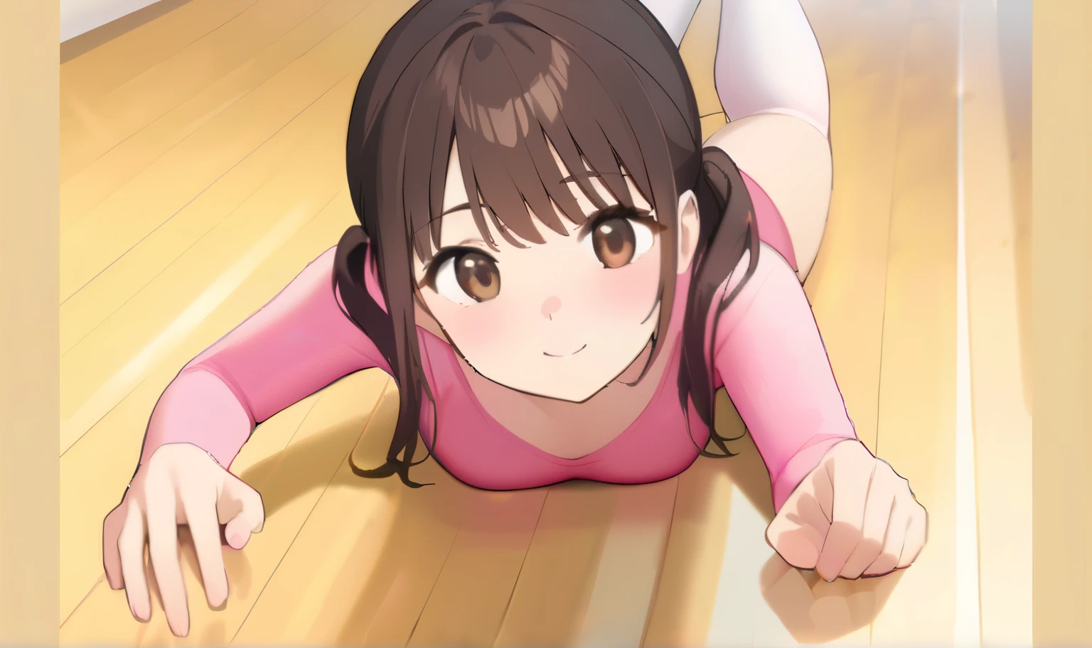 an animated girl laying on the floor with her hands up looking off to the side, 1girl, pink leotard, solo, athletic leotard, wooden floor, leotard, brown hair, twintails, lying, brown eyes, looking at viewer, smile, on stomach, bangs, breasts