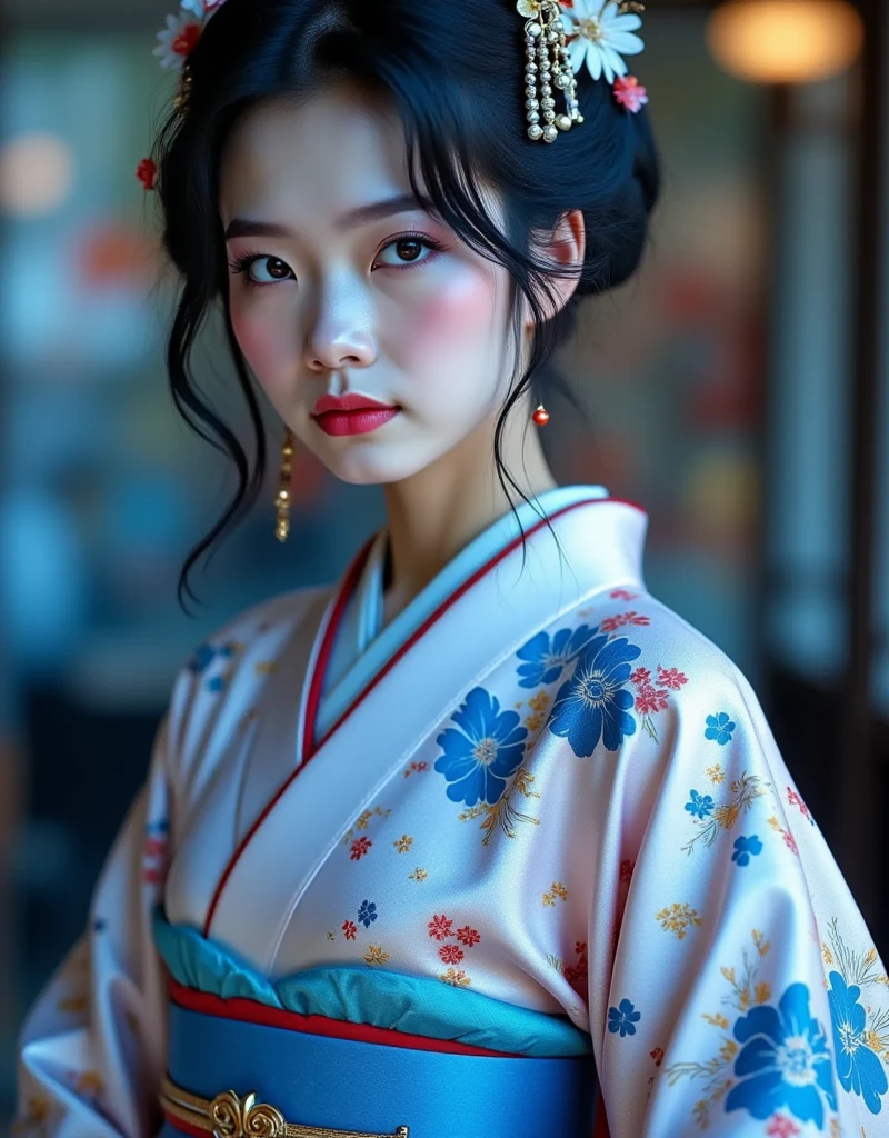 An unparalleled masterpiece of ultra-realistic film photography with minute details. ((Anatomically perfect and accurate body depiction: 1.6)),(Small head, small face: 1.6),(Elegant minimal makeup: 1.6),(Film, 35mm, Realistic), Top quality, Masterpiece, Detailed, Ultra-detailed, High resolution, (In a Tokyo hotel lobby: 1.6),(Close-up portrait of the upper body from the  up of an 18-year-old woman wearing a white long-sleeved kimono with an intricate floral pattern: 1.7),(Photograph taken from the front: 1.6),