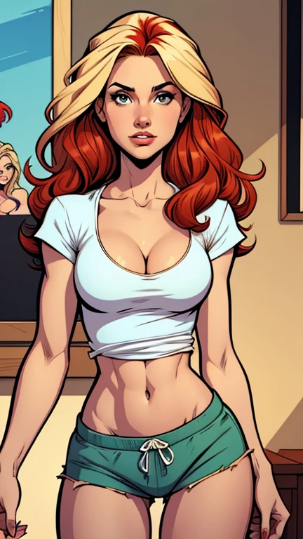 .21 years old woman , long and smooth bright orange tone hair, all black eyes, no whites in eyes, completely nude. Booty, busty. Comic style. Marvel comics