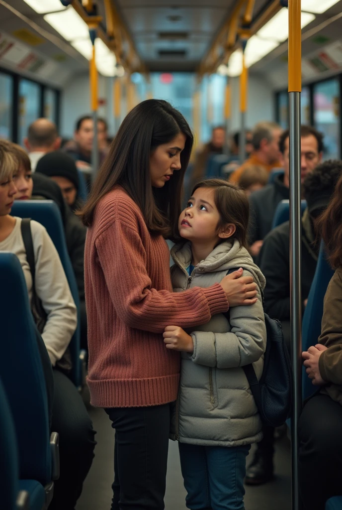 Mature woman hugging and kissing young girl on the train.
