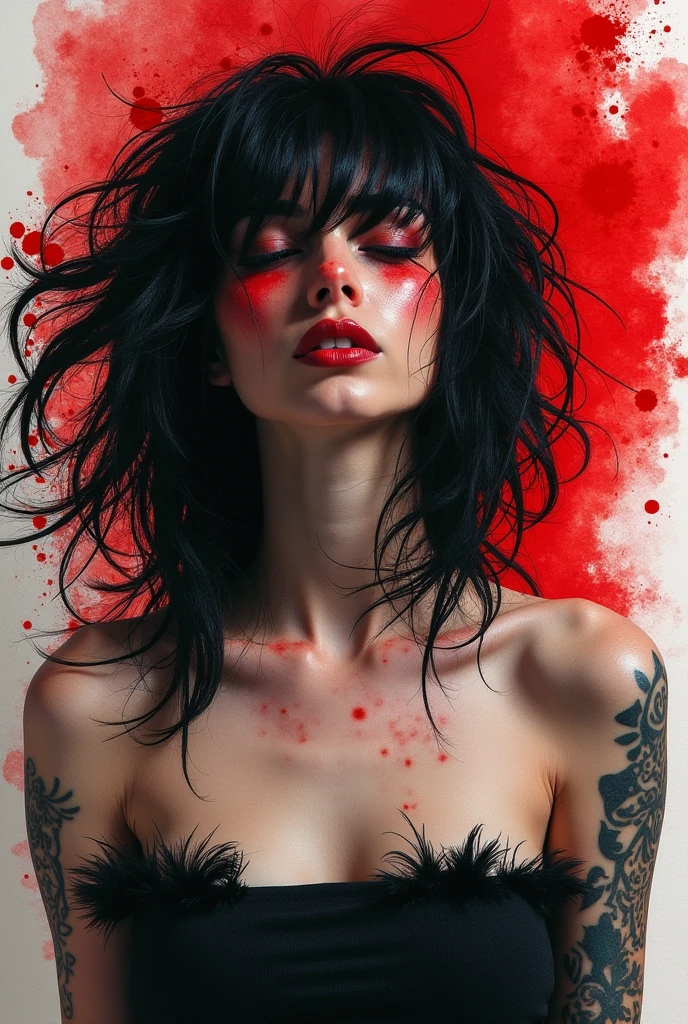 Colorful beautiful woman, Black ink flow,8k resolution photorealistic masterpiece,,,,hyperstylized insanely detailed imagery,, ornatly placed macbre details, blood splattered artistry, obscurities of horror elements withen the piece, explicitly graphic, perfect breasts, spread legs, masterbates