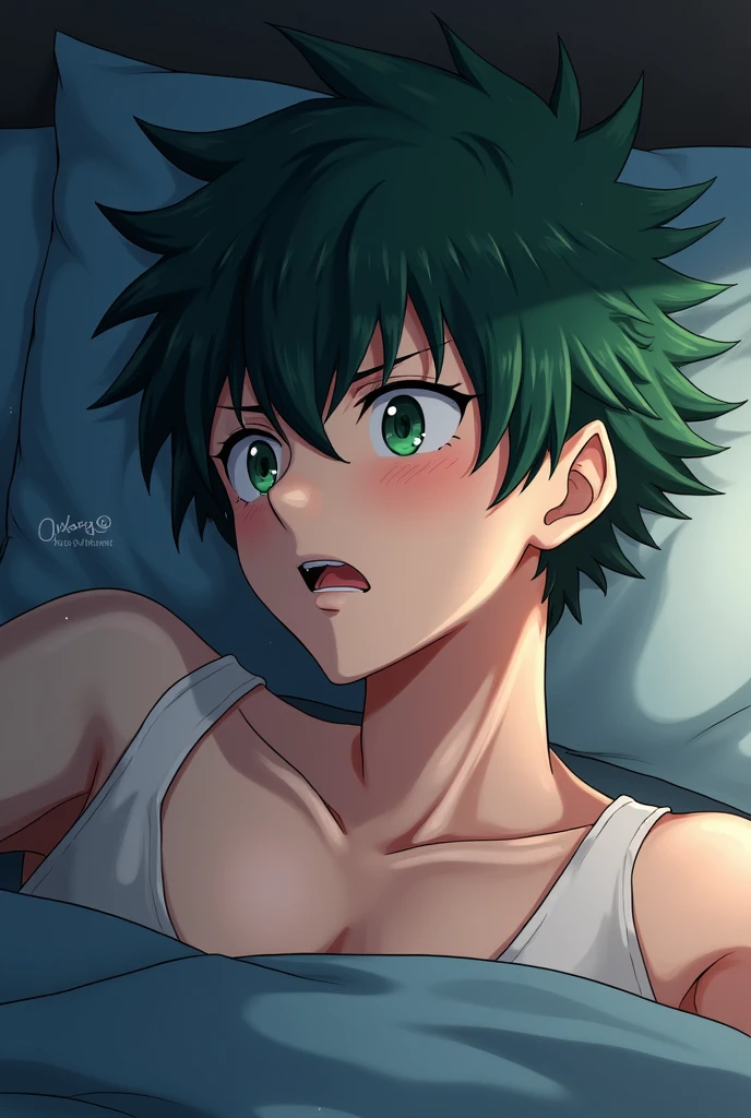 Anime boy Izuku very sweaty white socks laying down on his stomach on the bed showing his feet to the camera