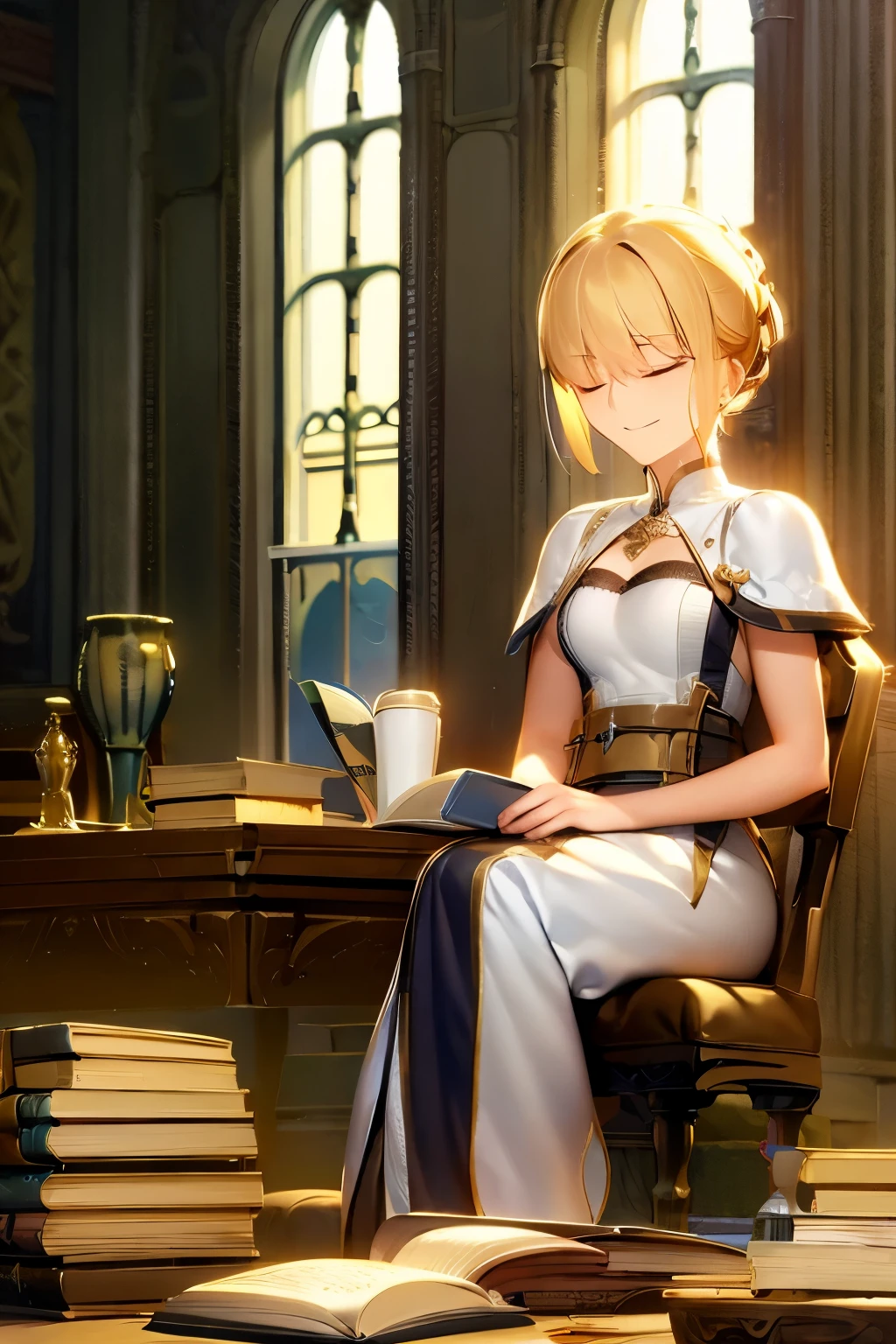 masterpiece, best quality, ultra-detailed, blonde hair, Gwyneth_AFK, closed eyes, light smile, breasts, sitting in chair, holding a book, inside castle