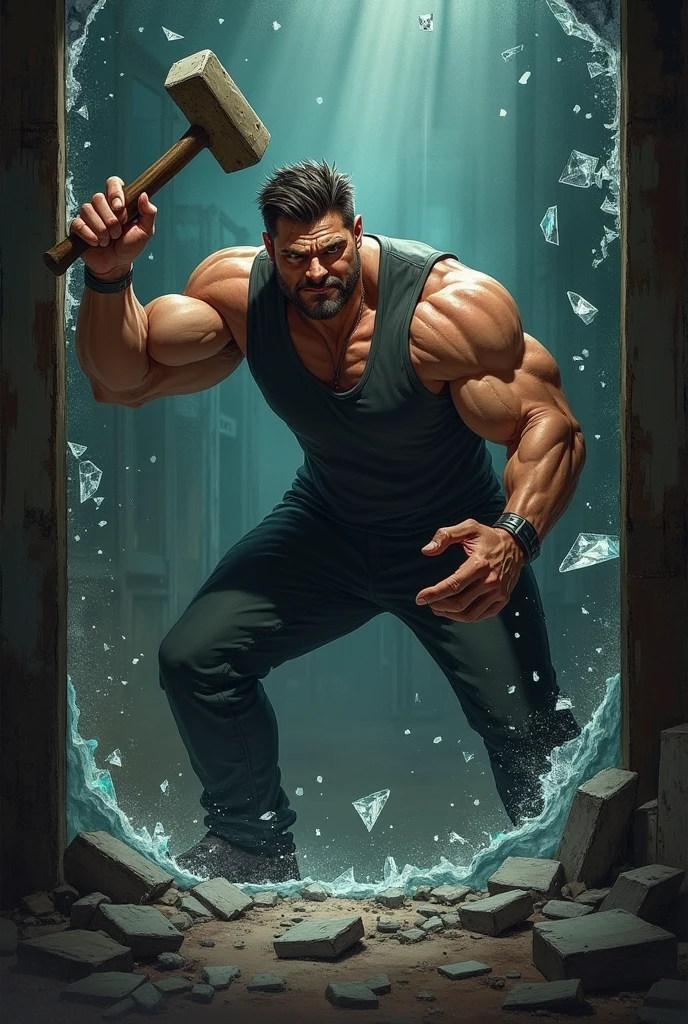 shark, muscular, in workout clothes, black T-shirt and shorts with skulls drawn on the clothes, smoking a cigar, in his hands a sword and a sledgehammer, machine gun ammo belt, green military boots, high resolution 8k image, image background with nuclear explosion of cars. --auto --s2