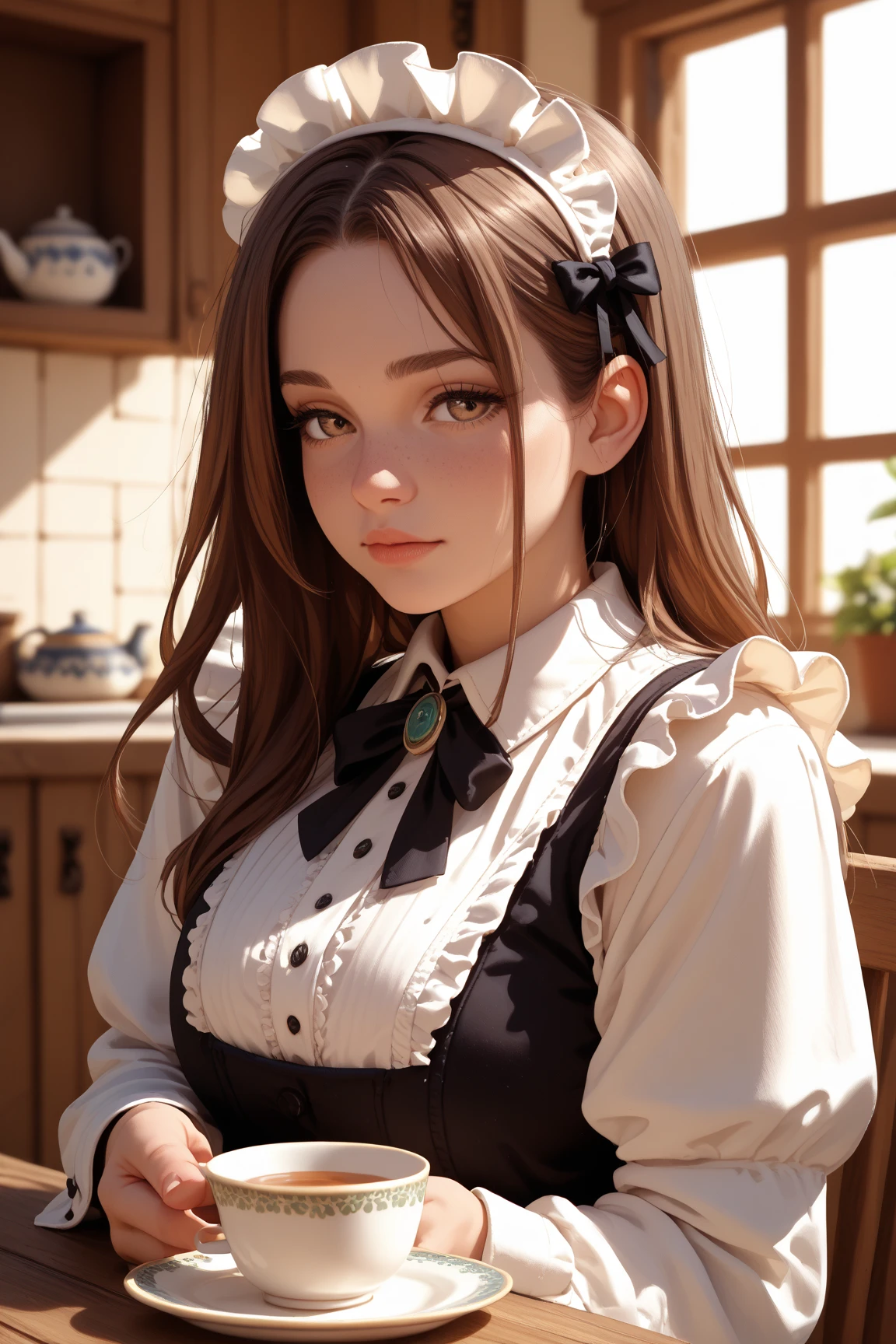 Cottage、Beauty、 brown hair、 long hair、Maid、 smiles、sit、 teacups、Have a cup of tea