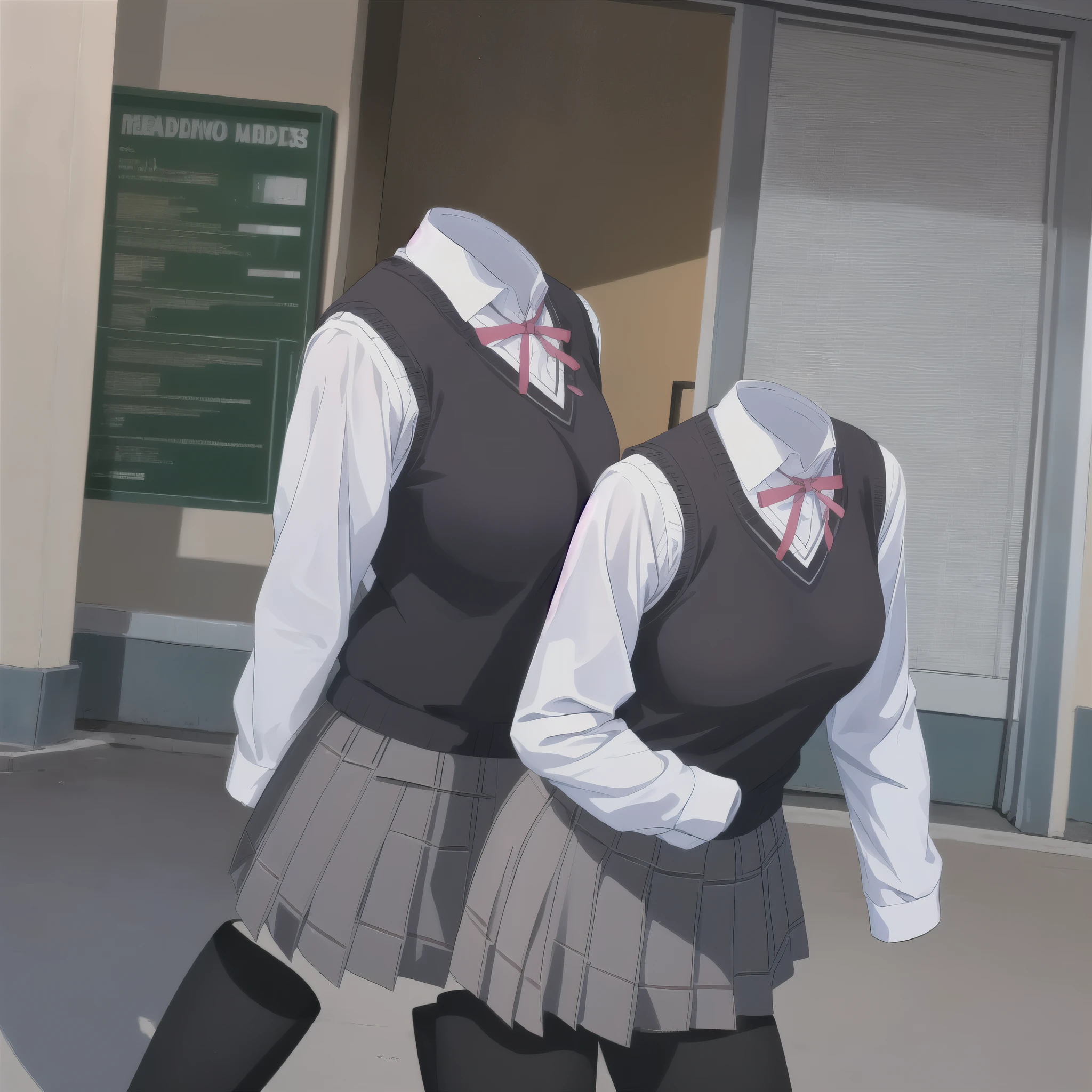 1girl, 15-years-old, cowboy shot, (invisible:1.5, no humans:1.5, headless:1.5, faceless:1.5), cute big breasts, (close-up shot of breasts), arms behind back, school uniform, kibito high school uniform, school uniform, sweater vest, skirt, kneehighs