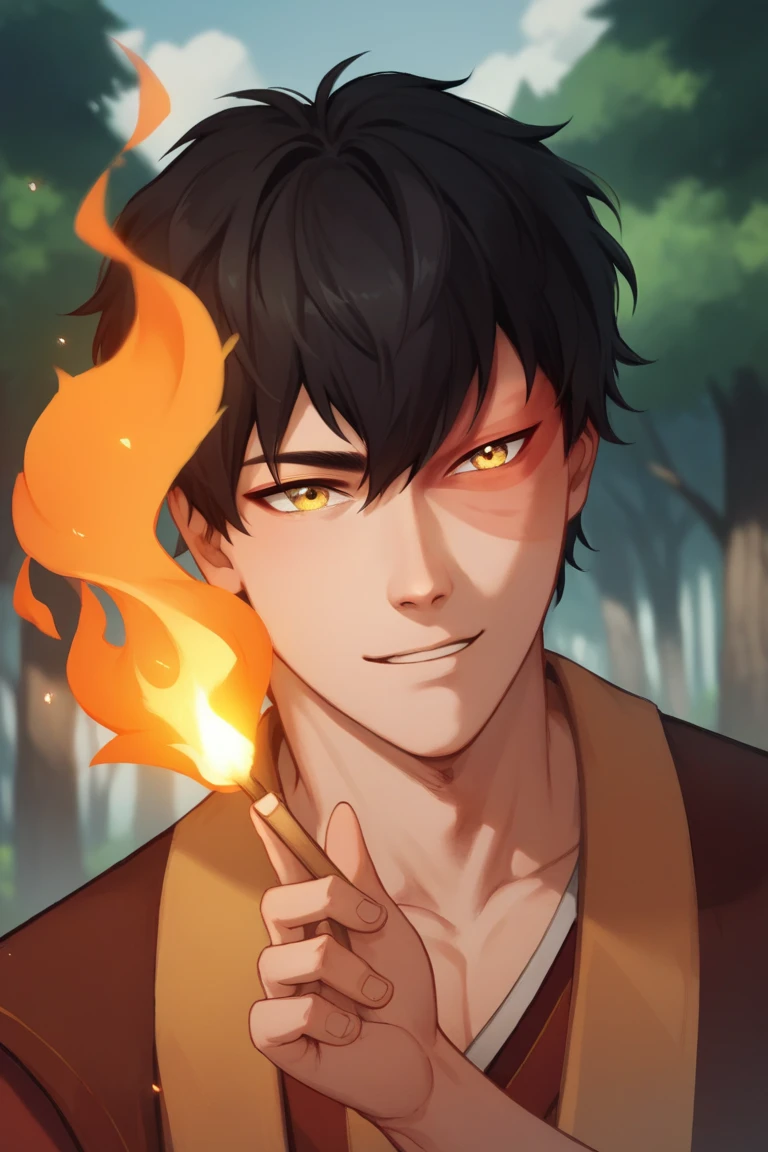 score_9, score_8_up, score_7_up, score_6_up, score_5_up, score_4_up, source_anime, portrait of  Zuko man, black hair, yellow eyes, holding fire, forest background, looking cute and adorable. Apt background 
