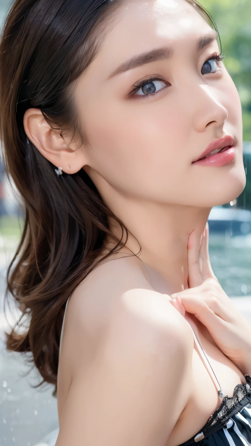 ((Best Quality, 8k, Masterpiece: 1.3)), Focus: 1.2, Perfect Body Beauty: 1.4, Buttocks: 1.2, (Layered Haircut: 1.2)), (Rain, Street:1.3), Highly detailed face and skin texture, Fine eyes, Double eyelids, Whitening skin, Long hair, (Round face: 1.5), sweet_ta,Super huge breasts,ditch,revealing lace panties