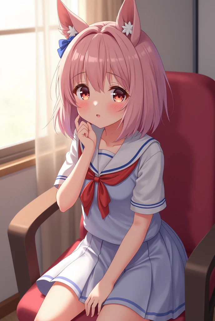 <lora:peeing_self:1>peeing self, open mouth, sailor collar, white background, solo, 1girl, shoes, pink hair, trembling, white shirt, chair, long sleeves, school uniform, skirt, hair ornament, blush, serafuku, school desk, white socks, simple background, peeing, tears, cube hair ornament, sitting, shirt, socks, black skirt, blue eyes, desk