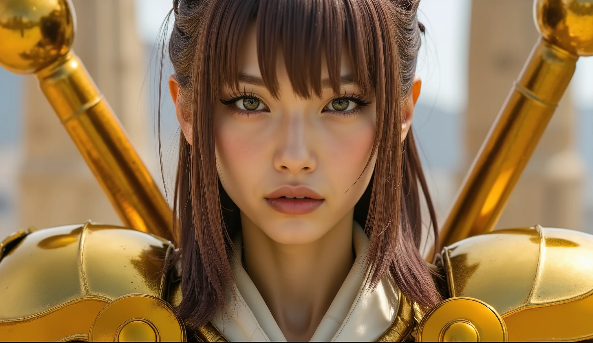 (8k, best quality , Masterpiece:1.2, very detailed),( beautiful Japanese woman holding a panty ), (Medium long, unkempt hair), brown hair,Shining golden armor, Greek temple background , full body shot ,( Very Realistic ),( live action ), zoom out