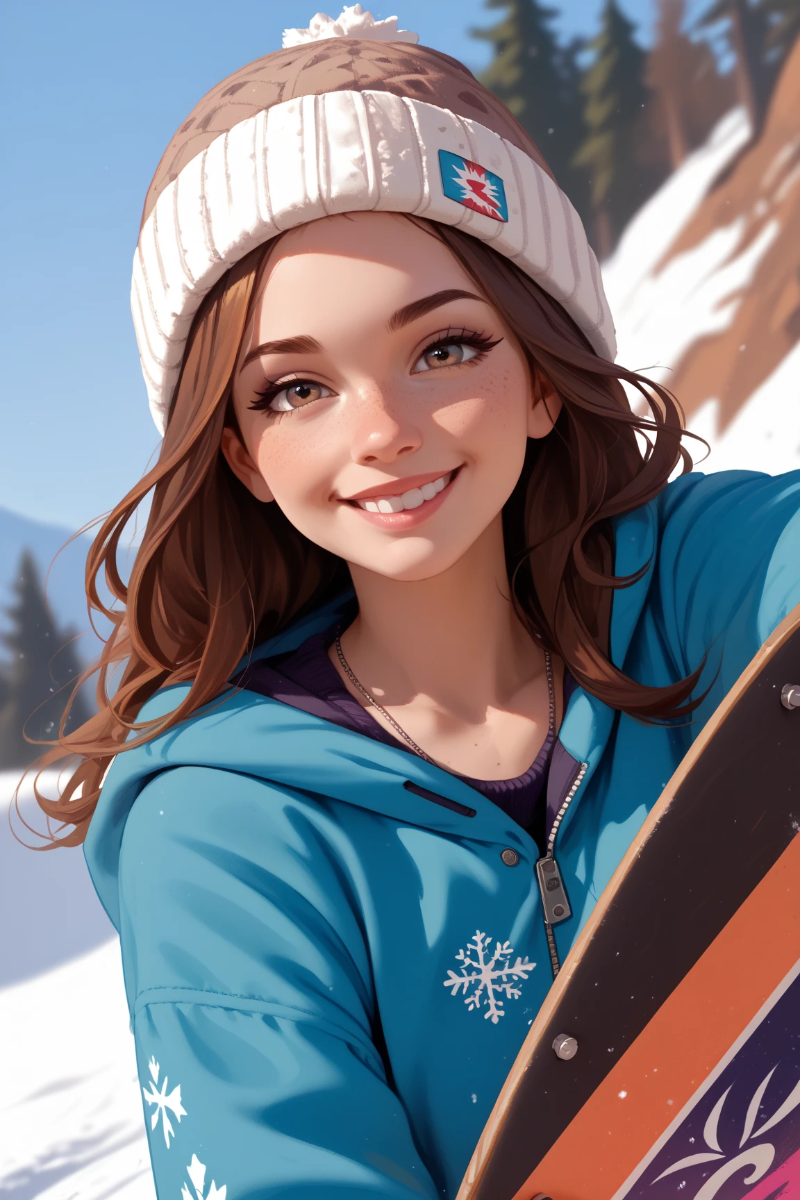 Winter Lodge、Beauty、 brown hair、 long hair、Snowwear、 smiles、 snowboard 