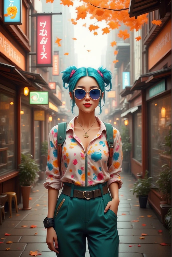  Anime beautiful girl with a bow and pigtails ,  bright blue hair ,  beautiful sun safety glasses ,  jewelry and little makeup smile , Miloe Lichico,  dressed in a beautiful blouse with patterns and beautiful patterns soft warm sweater,  pretty pretty green pants , soft shoes boots ,  full height standing near a store with beautiful neon signs ,  weather autumn leaves and trees are small ,  sunlight soft and beautiful ,  masterpiece fails, 8 k,  Better quality ,  complicated details ,  Lots of Details , 