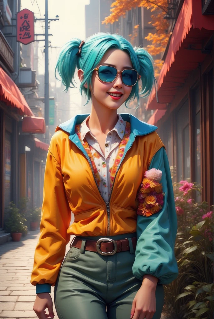  Anime beautiful girl with a bow and pigtails ,  bright blue hair ,  beautiful sun safety glasses ,  jewelry and little makeup smile , Miloe Lichico,  dressed in a beautiful blouse with patterns and beautiful patterns soft warm sweater,  pretty pretty green pants , soft shoes boots ,  full height standing near a store with beautiful neon signs ,  weather autumn leaves and trees are small ,  sunlight soft and beautiful ,  masterpiece fails, 8 k,  Better quality ,  complicated details ,  Lots of Details , 