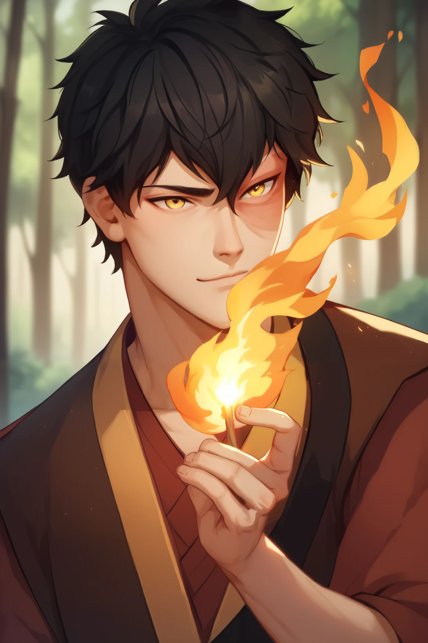 score_9, score_8_up, score_7_up, score_6_up, score_5_up, score_4_up, source_anime, portrait of  Zuko man, black hair, yellow eyes, holding fire, forest background, looking cute and adorable. Apt background 
