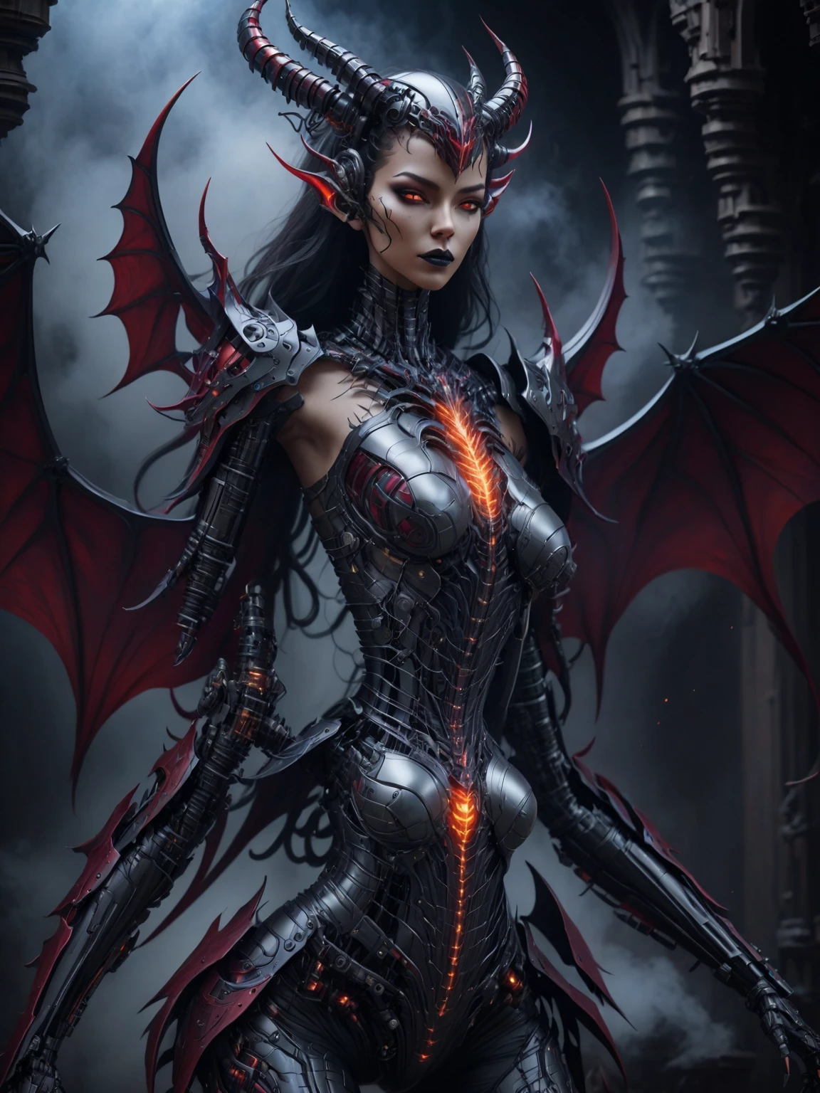 (((Top Quality: 1.4))), (Art by Wadim Kashin),intricate details,(Unparalleled Masterpiece),(Ultra High Definition),(Ultra-Realistic 8k CG), cyborg succubus ,beautiful female cyborg character, highly detailed mechanical body ,horror, highly detailed curvy body, highly detailed gothic clothes , in devil's palace,8 life size, eerie white light makes gradient of shadows and adds depth to images, (magic mysterious background, glowing particles, ethereal fog, faint darkness), hype realistic cover photo awesome full color, Cinematic, (hyper detail: 1.2),, perfect ???????, cyborg style,(half body image:1.5)