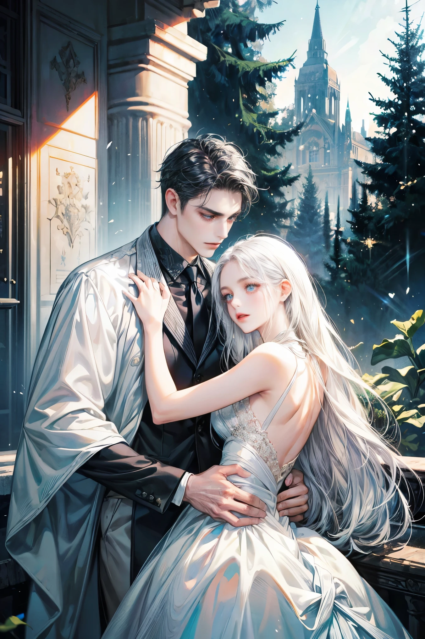 A couple, black hair black eyes boy, wearing a suit, elegant cold charm, act of cherishing the girl, white hair blue eyes girl, wearing a white dress, gentle but beautiful hairstyle, background is a villa ,dark background,with trees,with a few leaves.