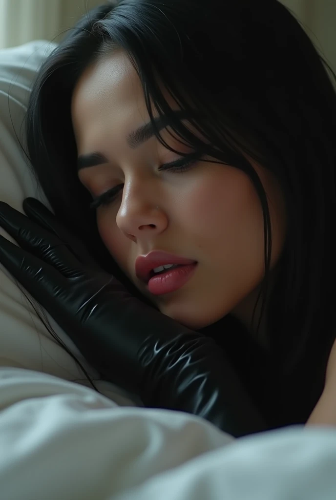 proFessional photograph oF a gorgeous eyes closed soaked sexual Bettie page girl and her lovely girlfriend, (( lying on a black satin bed,, grabbing her from behind, intense love situation, they loved to be touched,)) dressed with a large black cloth coat,ponytail Black hair, red lipstick, black long maxi-skirt(black long maxi-skirt:1.2),sultry Flirty look, gorgeous symmetrical Face, joli maquillage naturel, Fashion clothing ((black gloves)),, ultra realistic, art conceptuel, elegant, Very detailed, complexe, sharp Focus, depth oF Field, F/1. 8, 85mm, (((proFessionally color graded))), bright soFt diFFused light, (volumetric Fog), tendance sur Instagram, hdr 4k, 8K