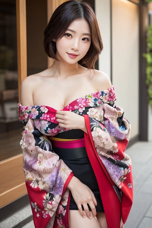 ((top-quality、masterpiece、photographrealistic:1.4、in 8K))、beautiful japanese female1a person、25years old、Beautiful short hair、delicate and beautiful face、Eyes and faces with detailed 、Beautiful lighting、Shy laughter、Textured skin、Super Detail、high detailing、High quality、hight resolution、(Fluffy red kimono:1.3)、bangss、Colossal tits:1.2)、Engaging pose、Slim waist、natural soft light、cleavage of the breast、his hand was holding testpack