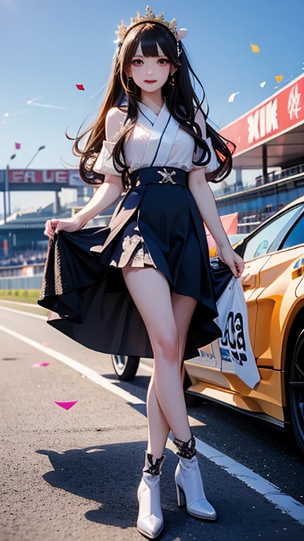 (8K, 超A high resolution, Best Quality, masutepiece:1.2),(18year old:1.2)、Race Quinn、（motor show）、companion、racing car、Skirt and thighs、(Dishonest laughter)、(Ultra-realistic pantyhose:1.5)、(looking at away)、8K、RAW portrait of japanese girl、Photorealsitic、超A high resolution、top-quality、 (cleavage:1.2),(highleg)、(((Vinyl Mini Skirt Costume)))、(Laotex)、Glossy outfit、(frombelow:1.2)、(Makuhari Messe)、(((Toyota、Nissan、HONDA、ＢＭＷ，Audi、ford, etc.)))、Stand next to the car、arms in arms、(Panchira:1.2)、(upscale cafe:1.4) Romper (natural skin textures、Detailed skin、Hyper-Realism、ultra sharpness)、intricate detailes、depth of fields、Dim lighting、韓国アイドル、乃木坂アイドル、hposing Gravure Idol、Fashion Model Pose