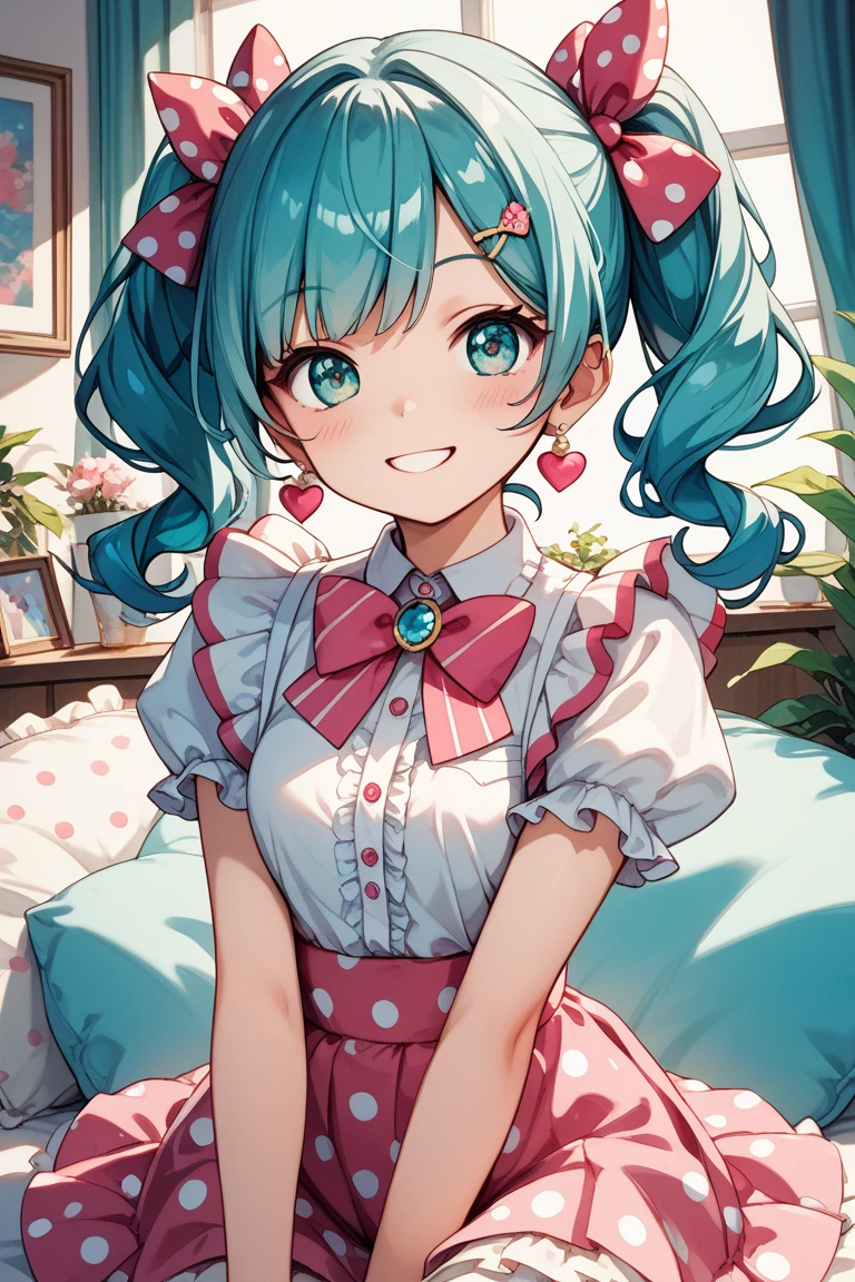  Twin Tails、　 pattern 、1 cute girl、smile、Aqua's Eyes、AQUA's hair color 、 2 pink ribbons 、 white polka dot pattern on the ribbon、