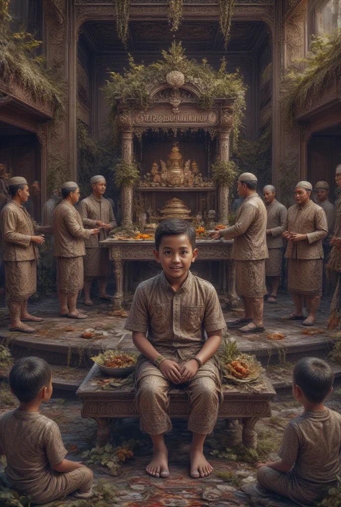  an Indonesian boy ,  wearing Koko shirts and sarongs ,  sitting on a 50 cm high platform ,  There is a food stand on the stage that says  " · Dimas Dhirajat's Khitanan ",  in a luxury building ,  There is a food stand in the corner of the room ,  There is a buffet table in the middle of the building ,  above the stage ,  Many adults and young guests attended the event,  guests wearing badiks ,  guests wearing kebaya ,  guests standing , Guests are seated ,  guests chatting 