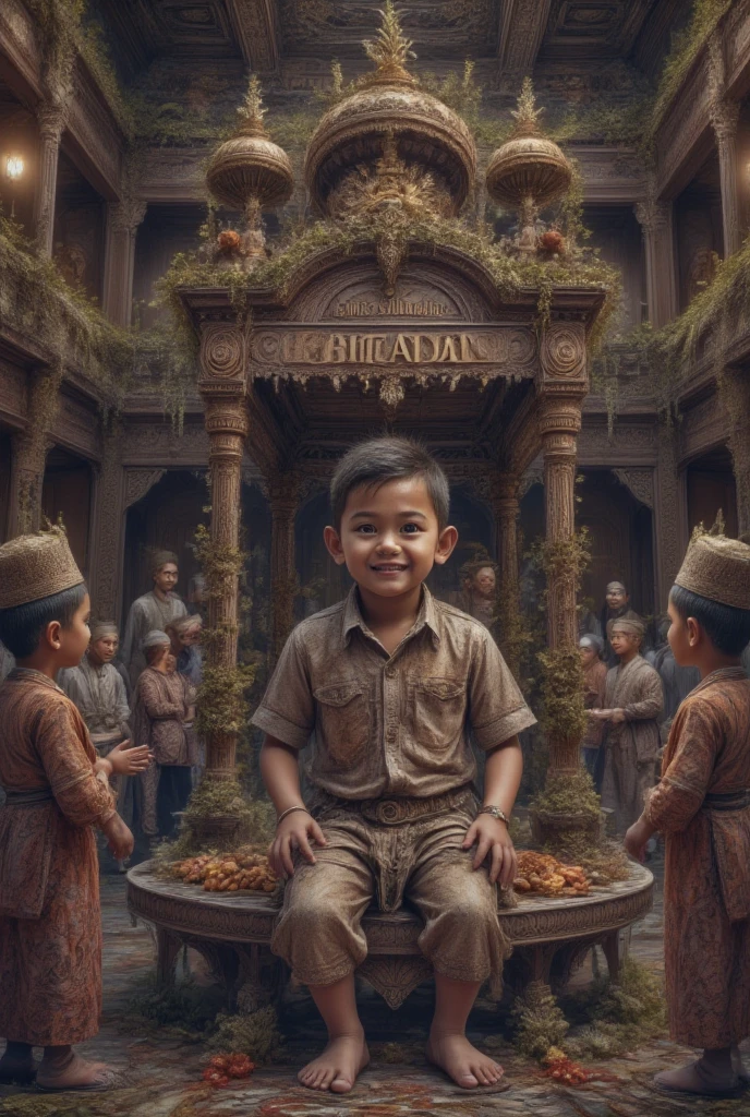  an Indonesian boy ,  wearing Koko shirts and sarongs ,  sitting on a 50 cm high platform ,  There is a food stand on the stage that says  " · Dimas Dhirajat's Khitanan ",  in a luxury building ,  There is a food stand in the corner of the room ,  There is a buffet table in the middle of the building ,  above the stage ,  Many adults and young guests attended the event,  guests wearing badiks ,  guests wearing kebaya ,  guests standing , Guests are seated ,  guests chatting 