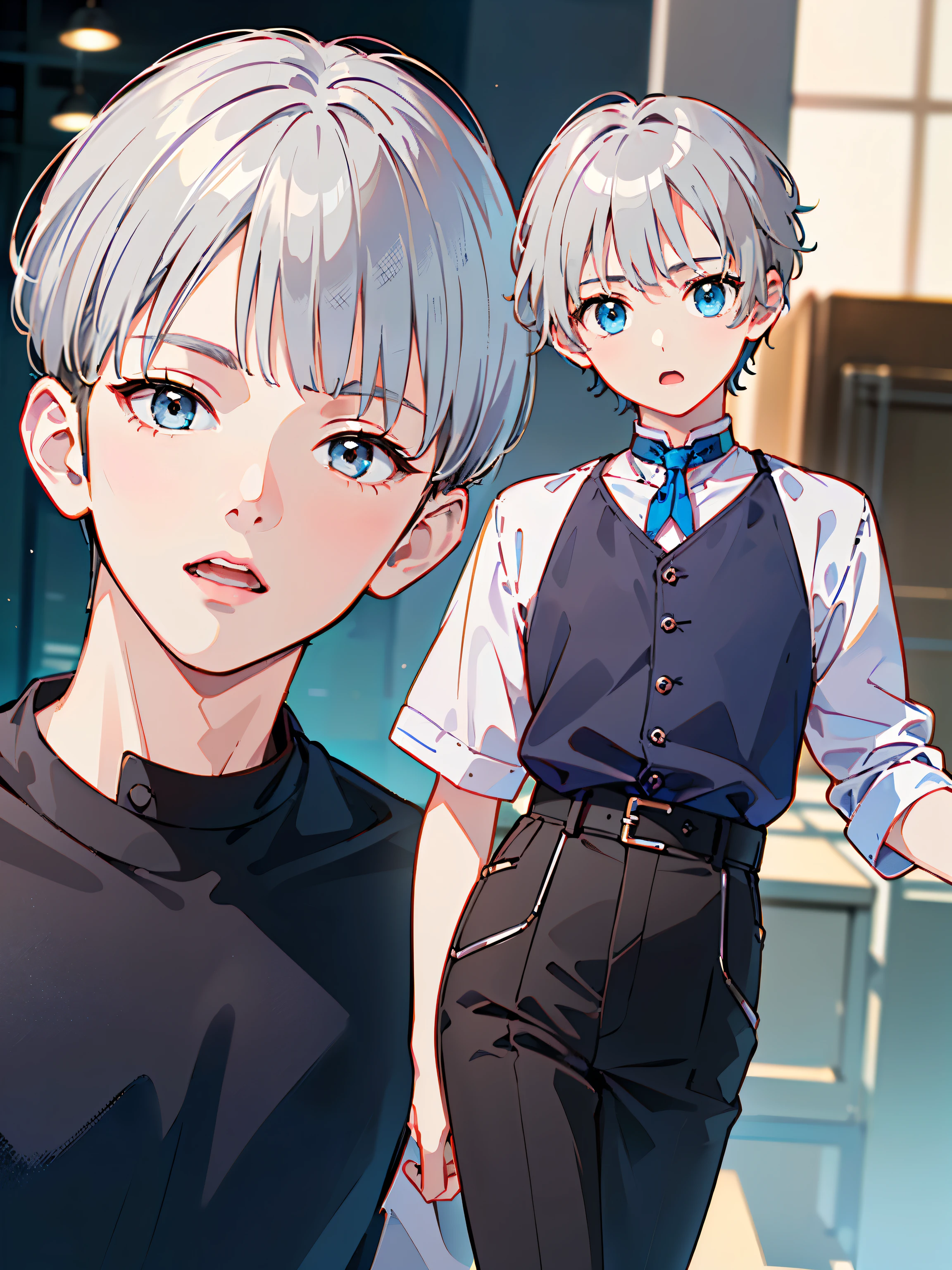 8k、 best quality 、masterpiece:1.2)、( realistic、 super detailed 、 super A high resolution、 short hair、(( Silver Hair、 boys、 boy、、))、 beautifully detailed face 、narrow、( Slim Waist ) :1.3)、Boys' school uniform、 beautiful detail skin 、 skin texture 、 floating hair in front of car、 professional lights 、Hokkaido、black rimmed square glasses、 Human body、