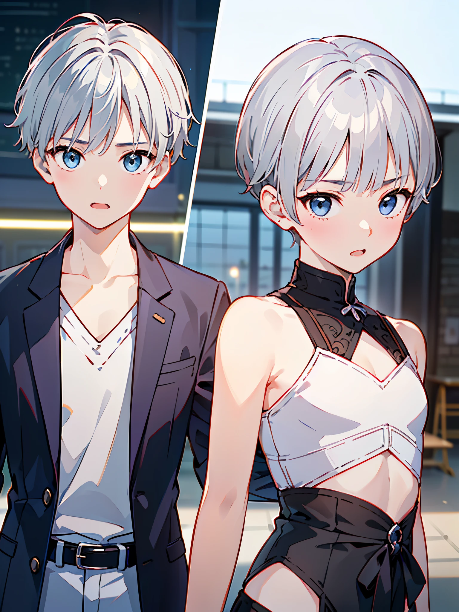 8k、 best quality 、​masterpiece:1.2)、( realistic、 super detailed 、 super A high resolution、 short hair、(( Silver Hair、 boys、 boy、、))、 beautifully detailed face 、narrow、( Slim Waist ) :1.3)、Boys&#39; school uniform、  beautiful detail skin that shows the bra line 、 skin texture、 floating hair、 professional lights 、Hokkaido、black rimmed square glasses、 Human body、