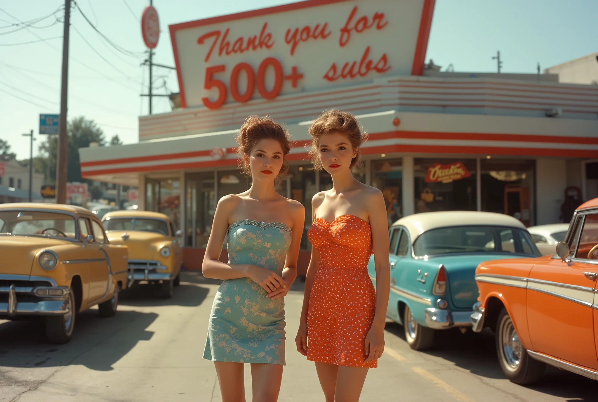 An Panavision cinematic photo of two Woman with light brown beehive hairstyle from the 60s ,tall skinny and slim woman with 60 minidresses, Her skin is slightly sun-tanned , happe faces this is how she poses in the USA in front of a large American fast food restaurant from the 60s at sunset LA, Obove the burger place is an big sign with the text "Thx for 500+ Subs" , traditinal 50s and 60s american cars on street, beautuful summer weather, stunning picture,